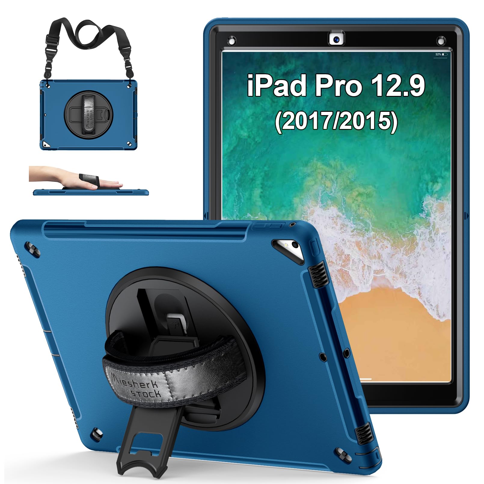 iPad Pro 12.9 Case 2nd Generation 2017 & 2015 1st Generation, Military Grade Heavy Duty Rugged Shockproof Protective Cover w/ 360° Rotatable Stand + Handle Hand & Shoulder Strap + Pencil Holder