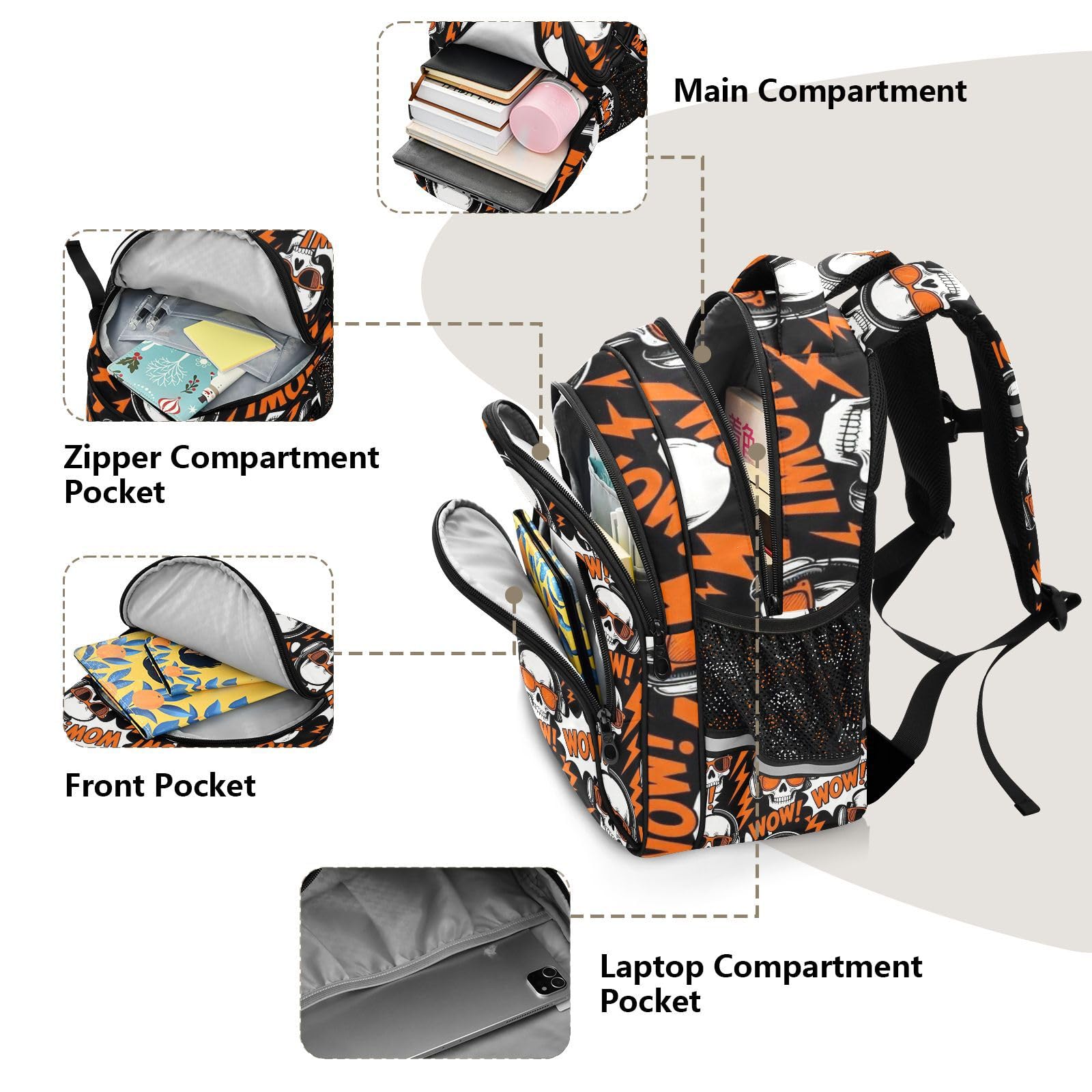KLL Mochila escolar para niños y niñas, bolsa de guardería, mochila de viaje para niños, diseño de calavera, gafas de sol, música rock, naranja