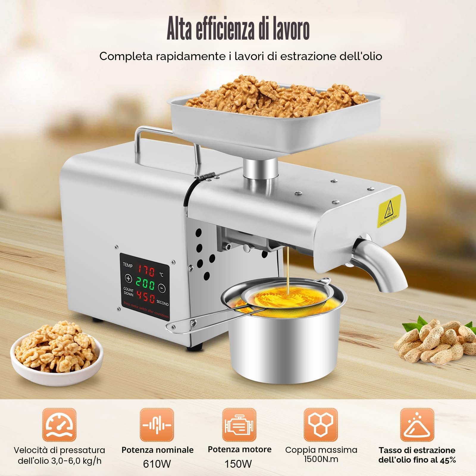Macchina della pressa dell'olio, elettrica, 610 W, frantoio automatico, pressa a freddo/caldo, macchina per l'estrazione dell'olio per commerciale e domestico