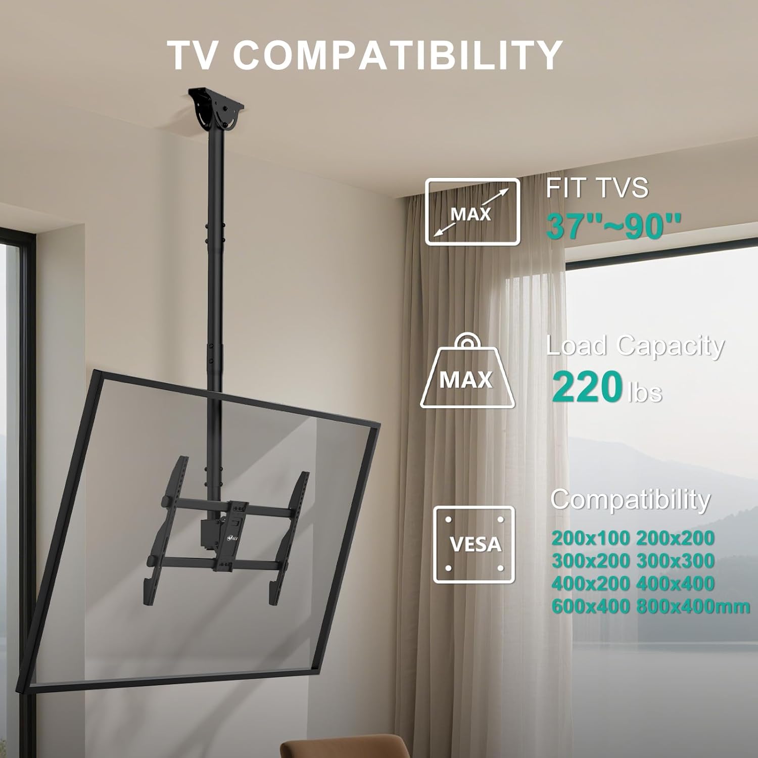WALI Ceiling TV Mount for 37-90 Inch TVs, Extra Long Arm Ceiling Mount TV Bracket, Telescoping Height Adjustable Hanging Pole TVs Ceiling Mount, Holds 220 lbs, Max VESA 800x400mm (CM3790XL), Black