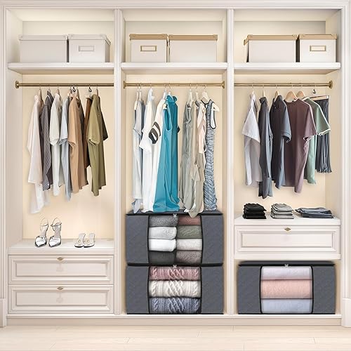 Vista 29 de Fab totes Paquete de 6 bolsas de almacenamiento plegables para mantas, contenedores de almacenamiento para organizar dormitorio, armario, ropa, Negro