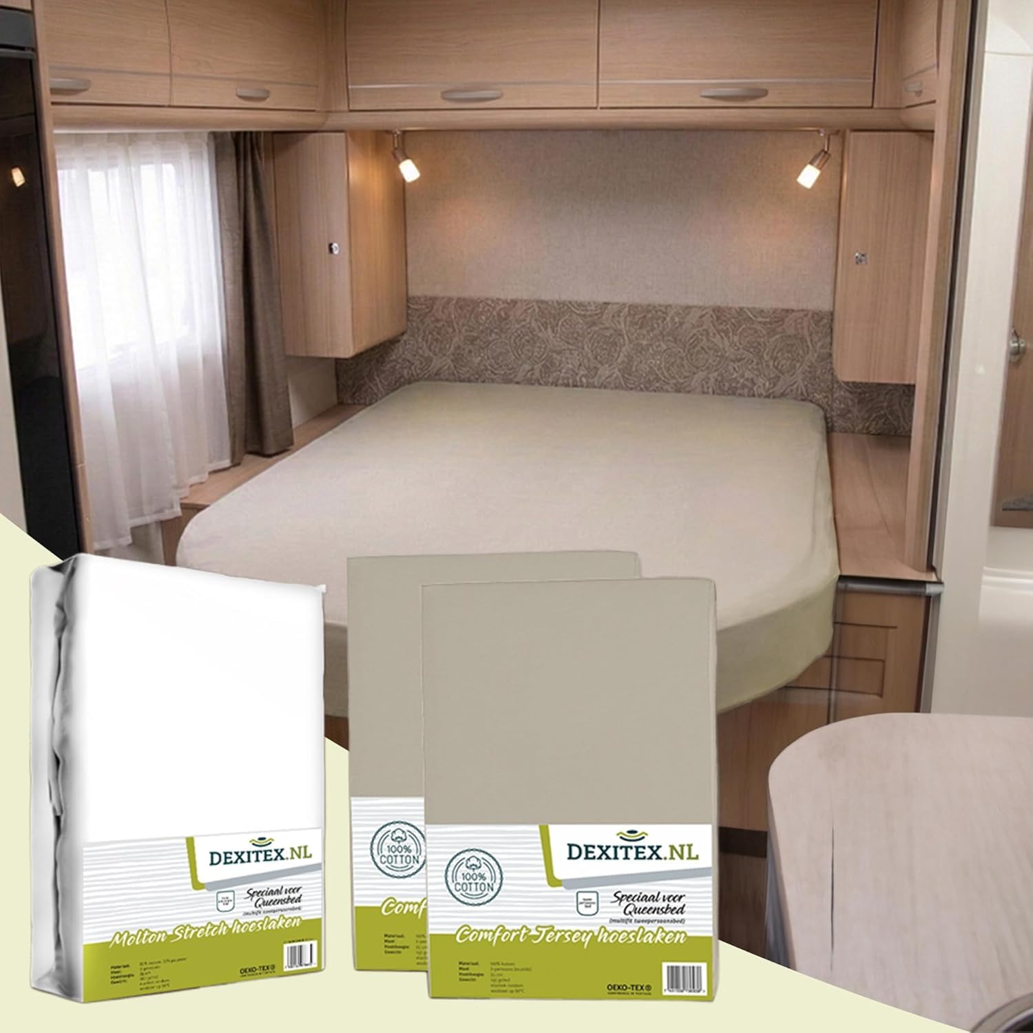 Bettlaken Wohnwagen Queensbett - 3er Set - 1 Molton, 2 Spannbettlaken - Sand- Bettlaken aus hochwertiger Baumwolle -Oeko-TEX - Multi-Stretch-Spannbettlaken für Wohnmobil und Wohnwagen
