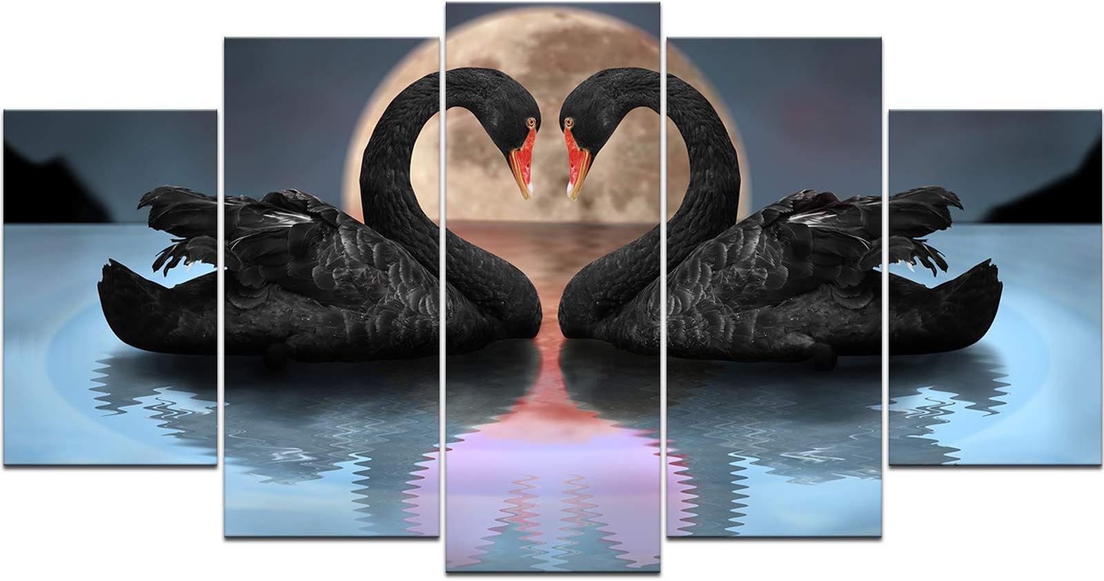 KLVOS Large 5 Piece Swan Canvas Wall Art Black Swans Couples Showing Affection on Water in Full Moon Night Romantic Animal Art Picture Prints Valentine's Gift Girl Bedroom Decor Ready to Hang 60"x32"