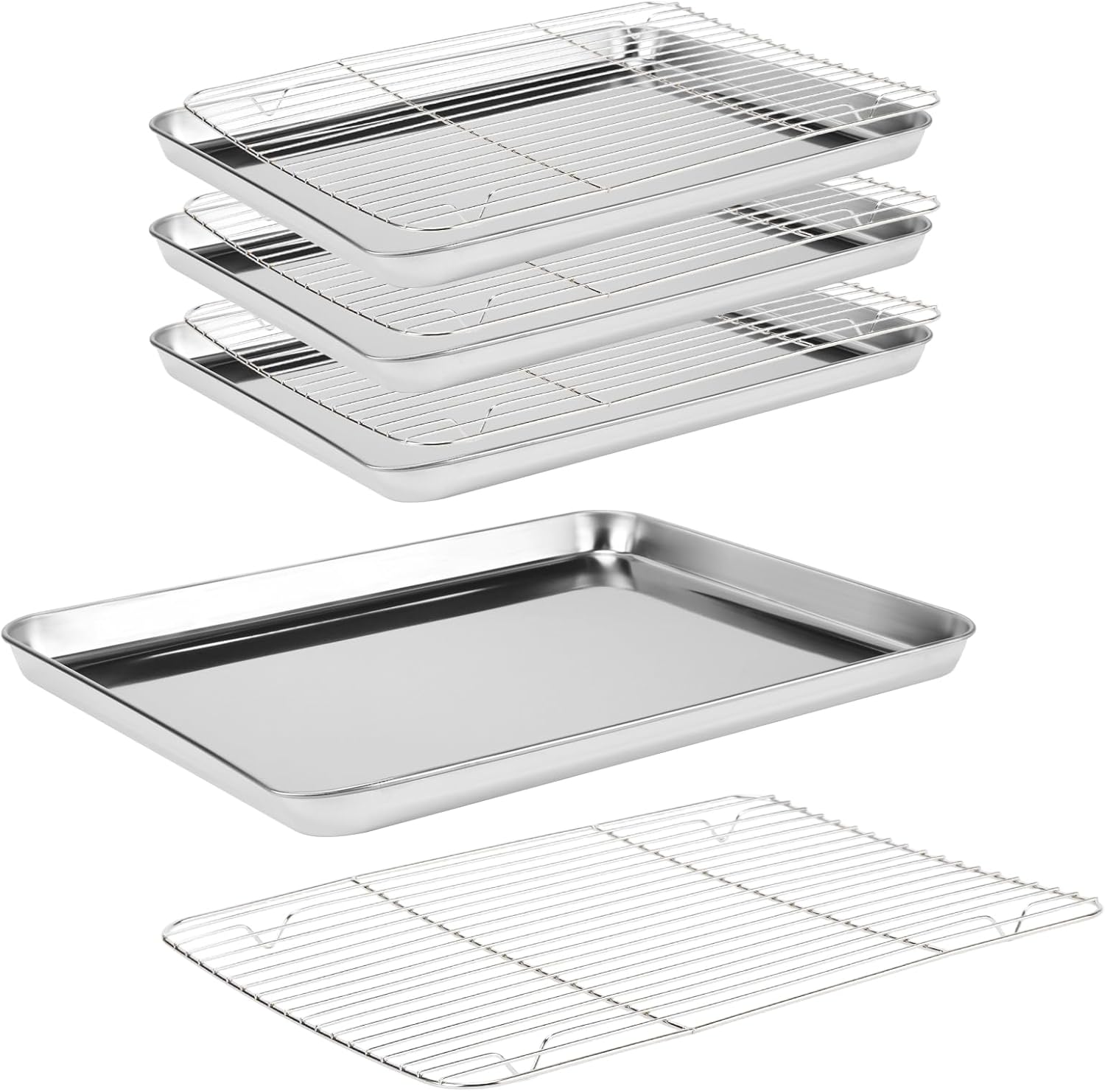 Set of 4 Baking Sheets with Cooling Rack, 4 PCS Stainless Steel Cookie Sheets Pan Oven Tray and 4 PCS Wire Rack for Baking Roasting, 16 x 12 x 1 inch