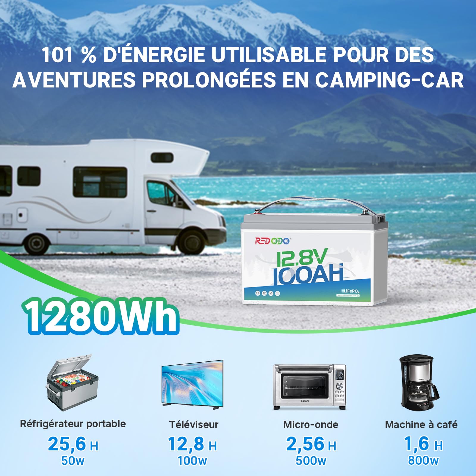 Redodo 12V 100Ah Batterie Lithium 1280Wh Batterie LiFePO4 Plus 101% d'Energie Utilisable pour Caravanes/Bateaux/Camping-Cars/Maison Solaire/Hors-Réseau