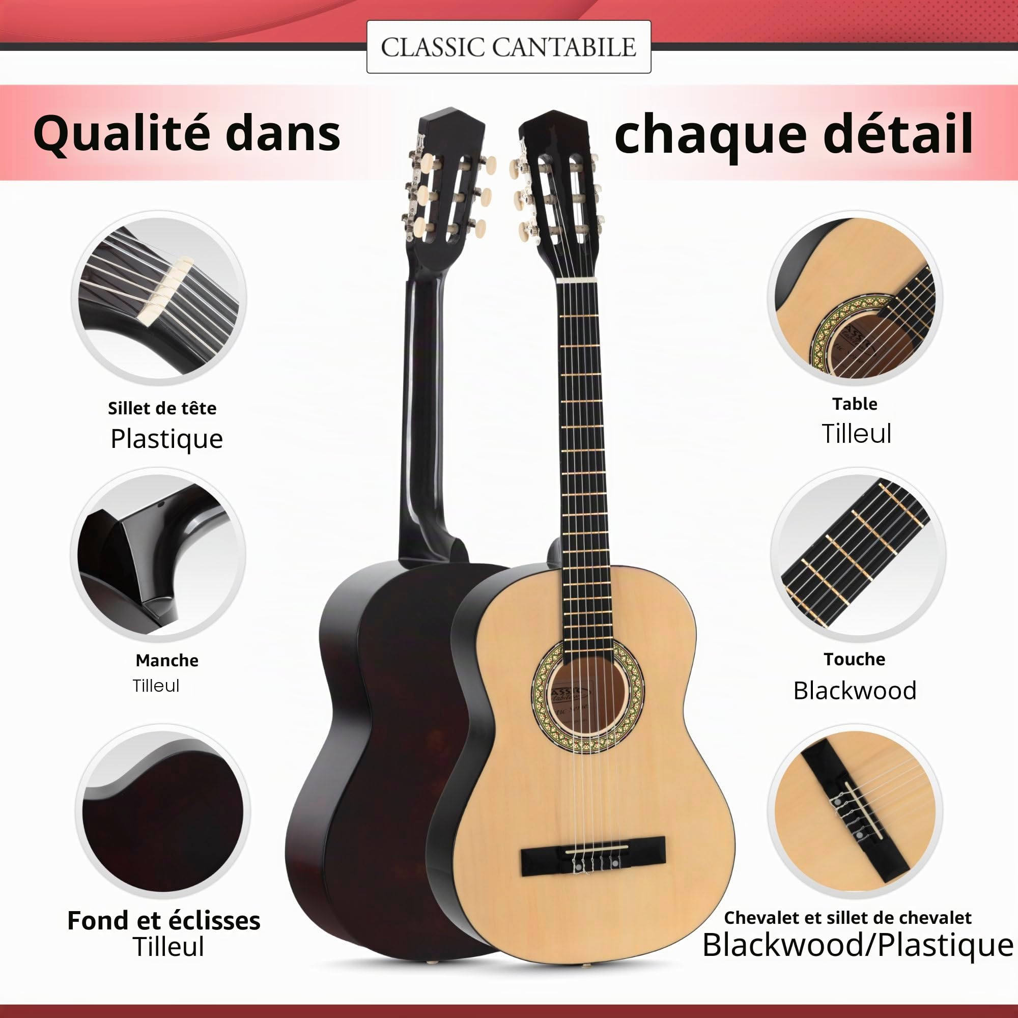 Classic Cantabile AS-851 Guitare Classique 4/4 Nature - Cordes en Nylon d'étude - Guitare de concert idéale pour débutants