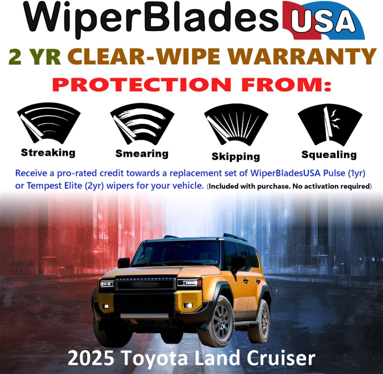 Beam Wiper Blades Set w/2yr Warranty compatible with Toyota Land Cruiser 2025 (Set of 3) w/Rear Wiper Tempest Elite Wipers