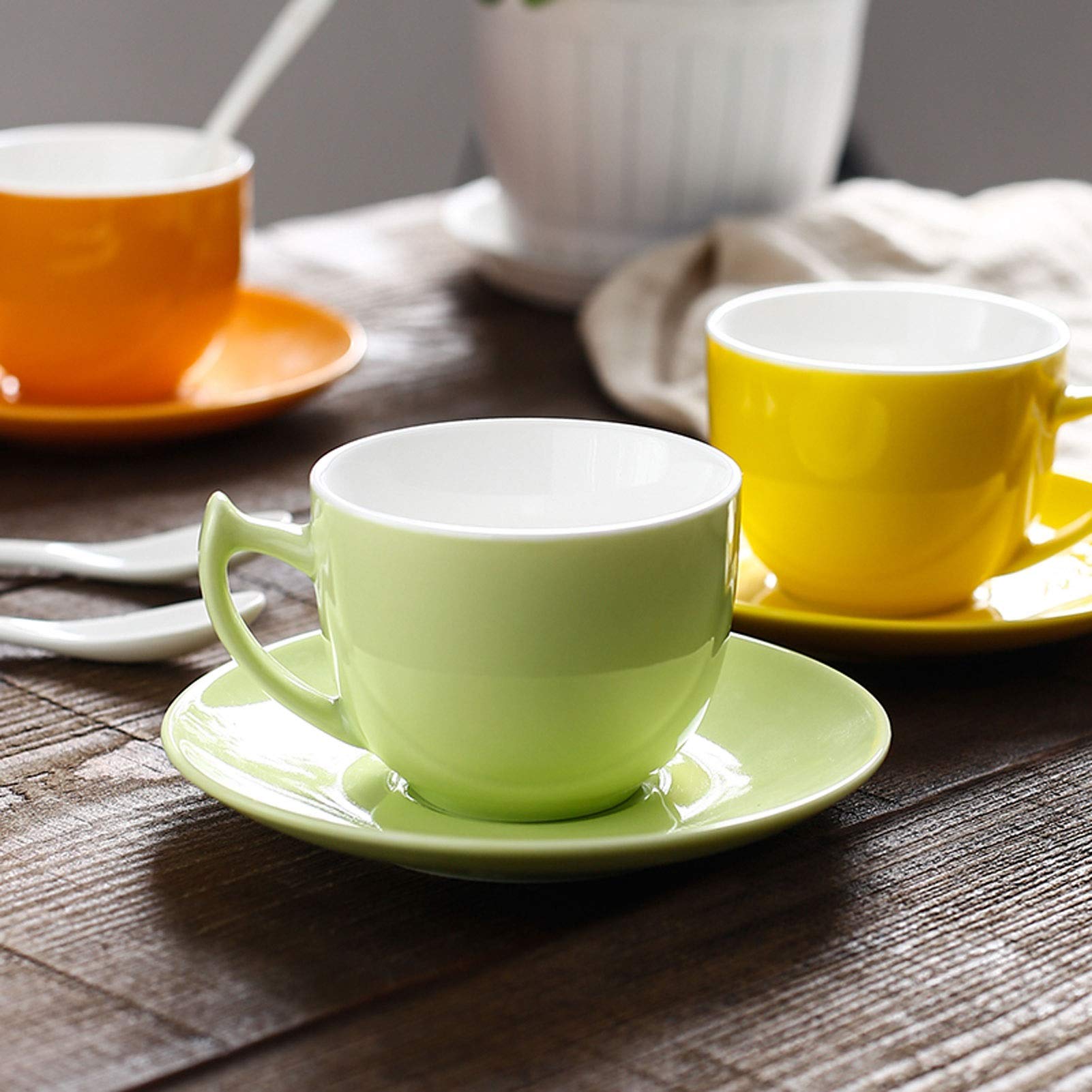 HASMI Kaffeetasse Regenbogen-Farbe Keramik-Kaffee-Tee-Geschenk-Set hell farbige Latte-Tasse, Teetasse, Untertasse und Teelöffel (Aufnahme von 6 Personen), mit Stand Teetasse