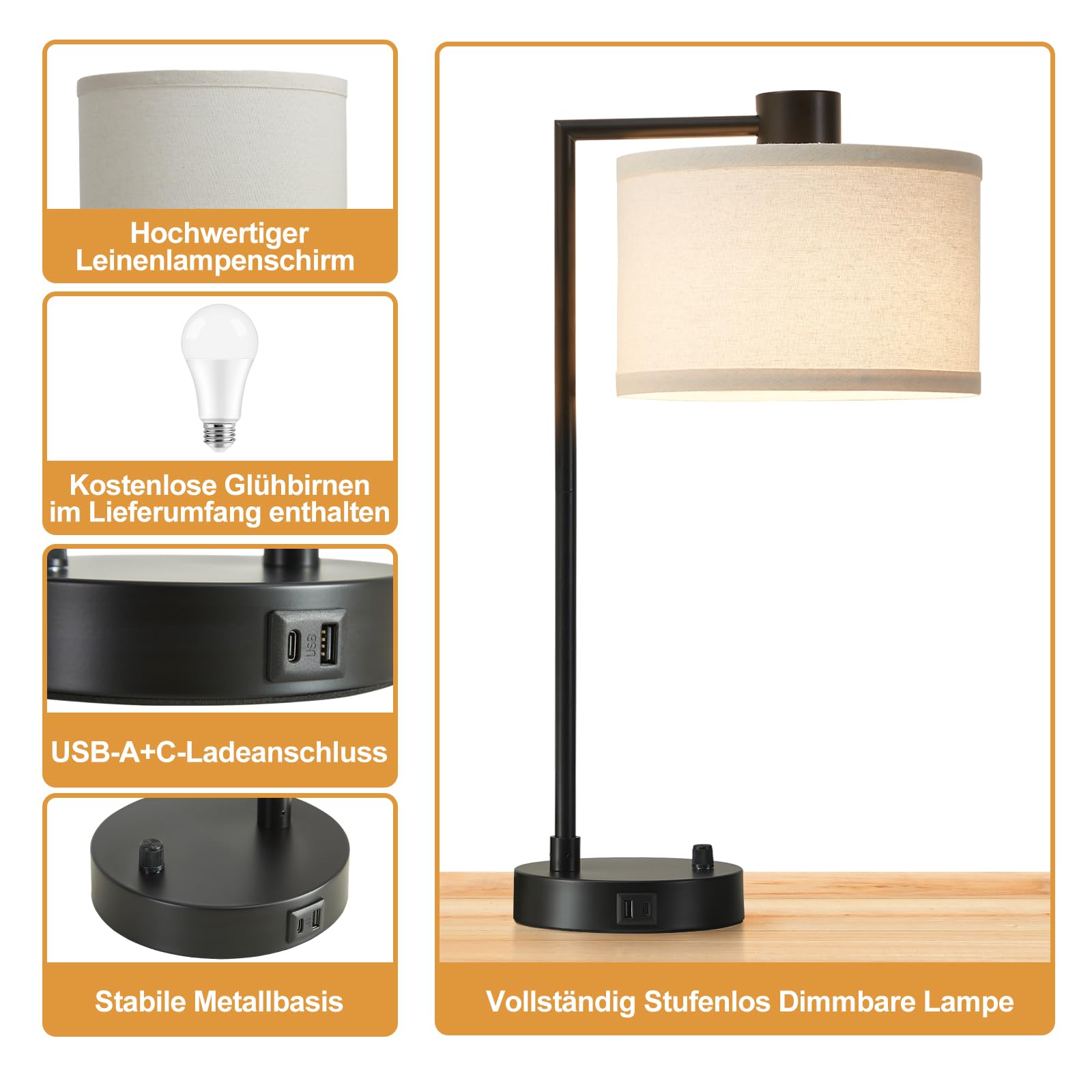 GyroVu Nachttischlampe, Tischlampe mit Ladefunktion USB A+C-Anschlüssen, Stufenlos Dimmbar, Leinen-Lampenschirm, Bedside Lampe für Wohnzimmer Studierzimmer Büro (Glühbirne inklusive)