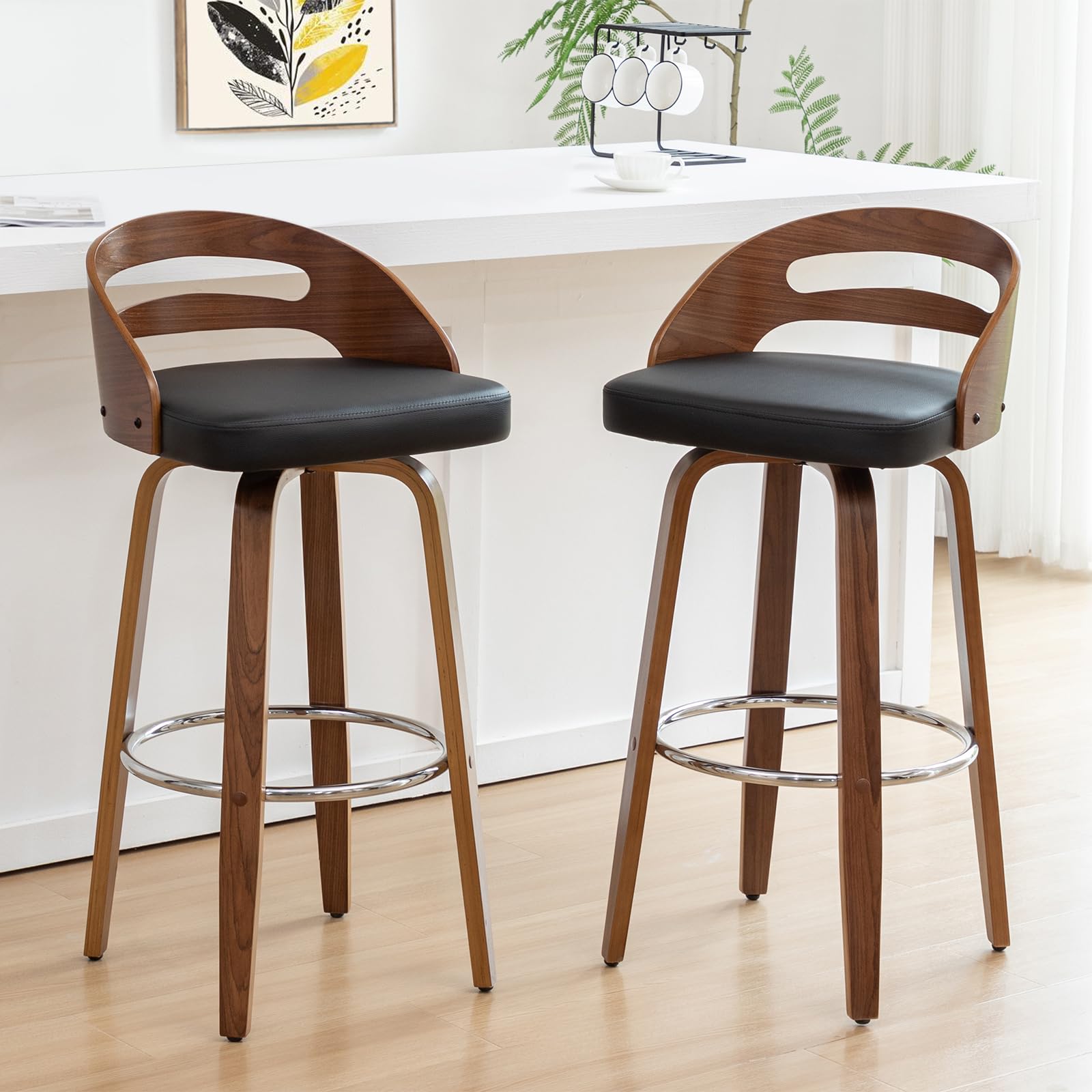 Bar Stools Set of 2, Swivel Bar Stools with Walnut Craftsmanship, Bentwood Curved Back, Upholstered Faux Leather, Soft Cushion Seat, Mid Century