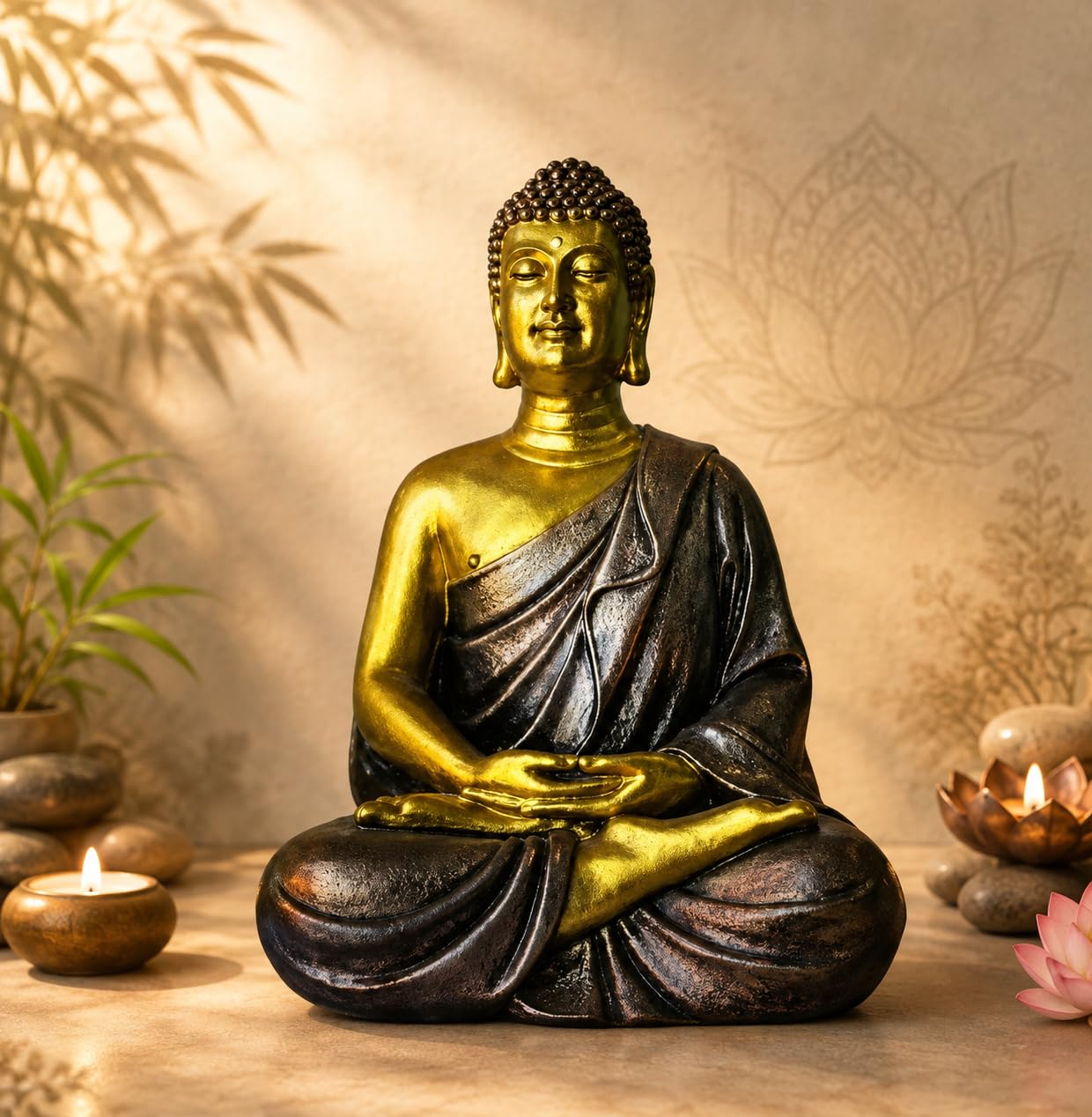 HOPE & JOY Black Golden Resin Handcrafted Meditating Lord Buddha Idol for Home Decor, Buddha Statue Showpiece for Living Room, Office Desk, Temple, Meditation Room, Car Dashboard & Spiritual Gift-image-2