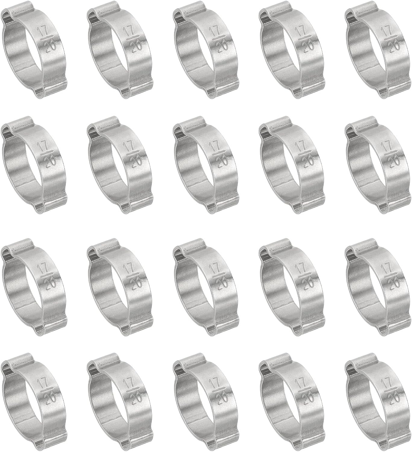 PATIKIL 20 Pack 17-20mm Double Ear Hose Clamp, 304 Stainless Steel O Clip Crimp Rings for Fuel Petrol Pipe Tube Fitting Connections, Silver Tone