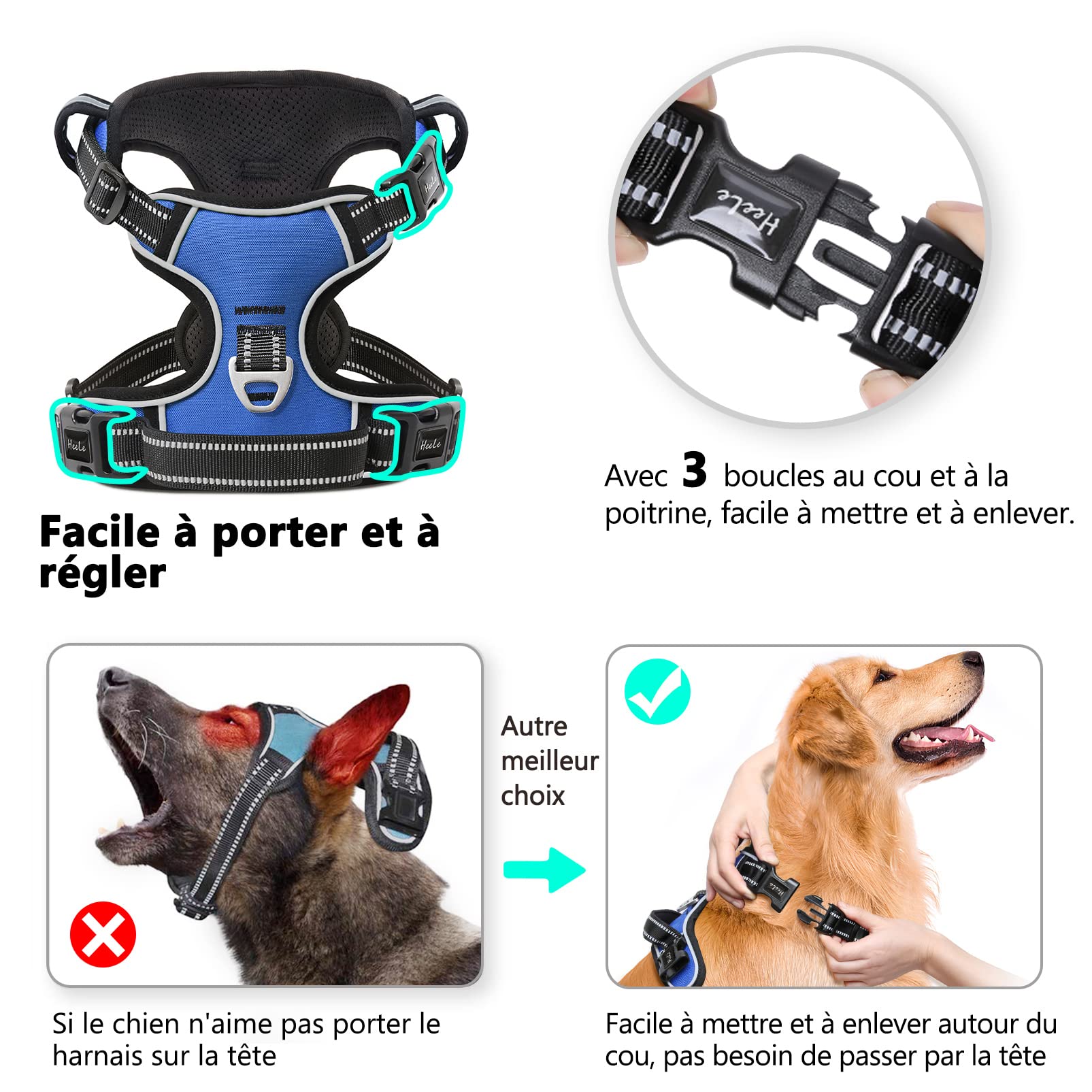 HEELE Pettorina Cane, Imbracatura Sganciata Rapido dal Collo, Pettorina Anti-tiro Riflettente e Regolabile con Maniglia Comoda, Morbida e Imbottita per Cani Piccola Media Grande, Blu XL