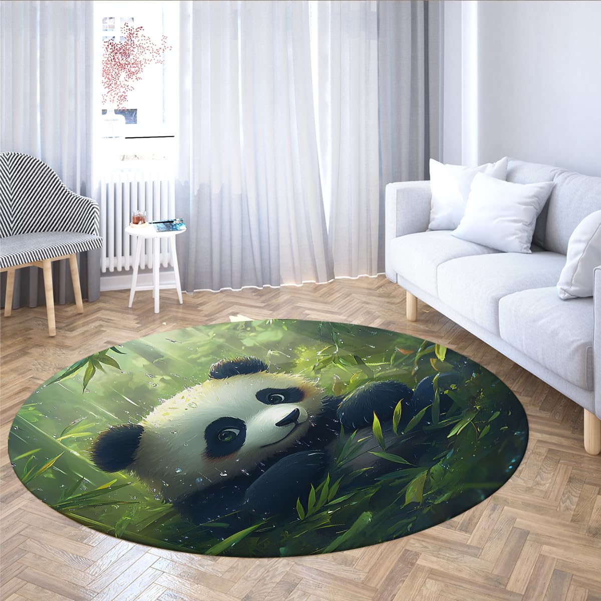 Tapis rond panda 150cm style jungle de bambou antidérapant et lavable