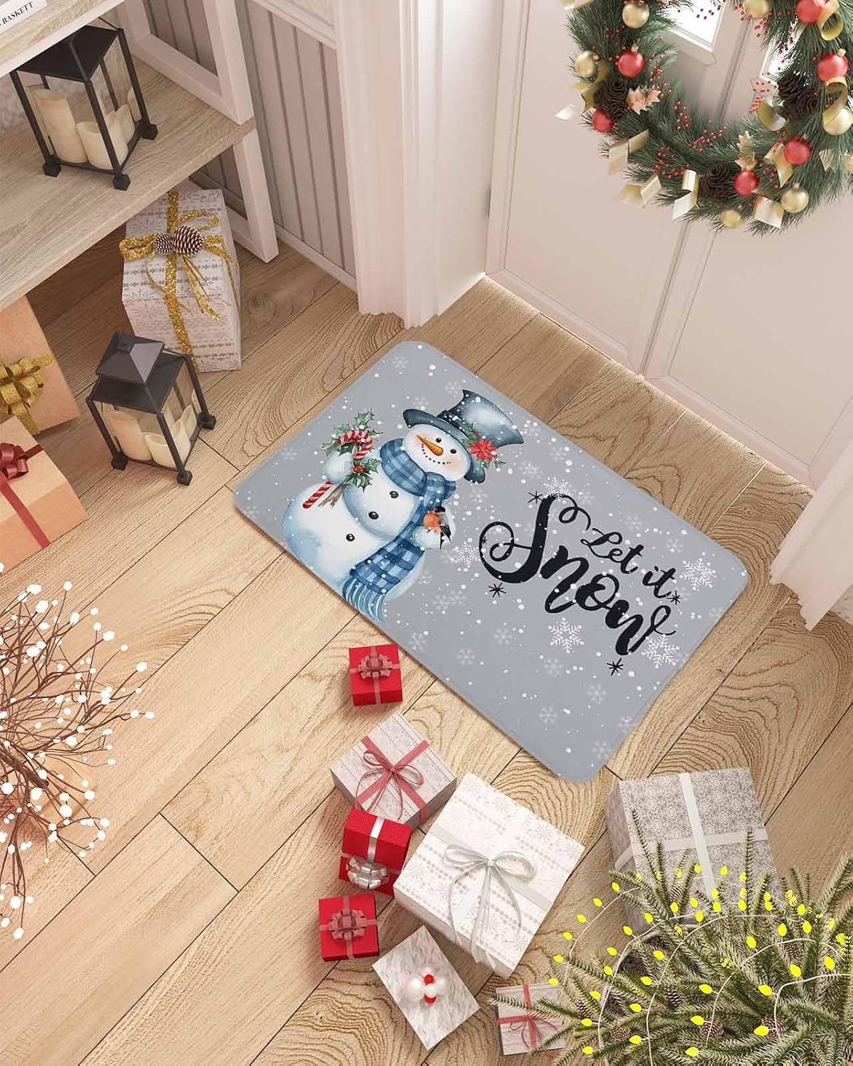 Christmas Snowman Doormat Rugs Outdoor/Indoor Let It Snow Winter Holidays Non-Slip Entrance Welcome Matt for Front Door/Bathroom/Kitchen/Bedroom/Patio/Entryway Mats,18"x30", Grey White Snowflakes