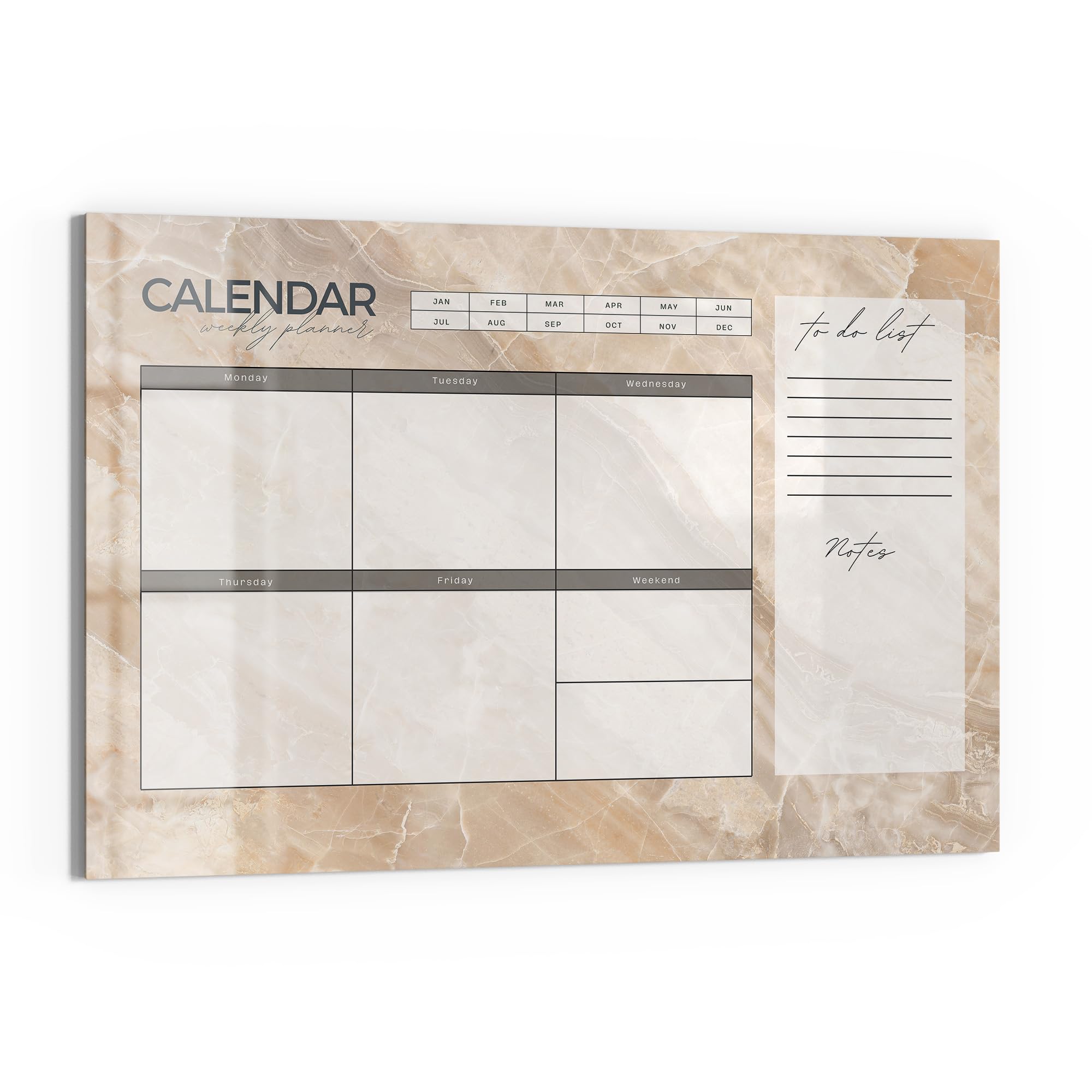 DEQORI Lavagna magnetica in vetro | 90 x 60 cm | motivo "Agenda settimanale elegante (EN)" | Lavagna magnetica con magneti, penna e panno per cucina e ufficio, lavagna magnetica e scrivibile