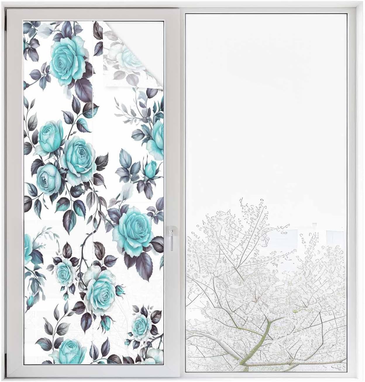 Window Privacy Film Turquoise Rose Window Clings for Glass Leaf Floral Vintage Style Decorative Windows Film Static Cling Frosted Sticker Covering for Home Bathroom Living Room Office 29.5"x78.7"
