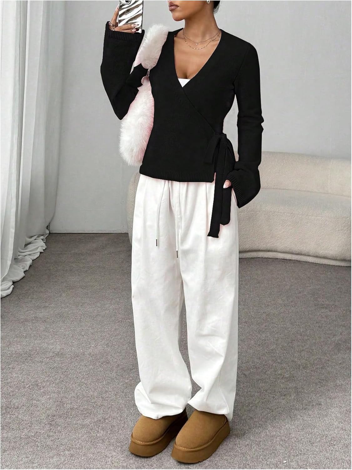 Verdusa Women's Cozy V Neck Wrap Sweater Tie Front Cute Holiday Cardigan - Image 3