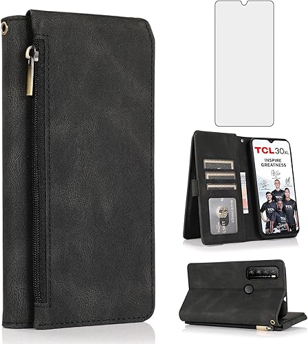 Asuwish Compatible con TCL 30 XL T701DL - Funda tipo cartera de vidrio templado, protector de pantalla y cremallera de cuero retro, soporte para