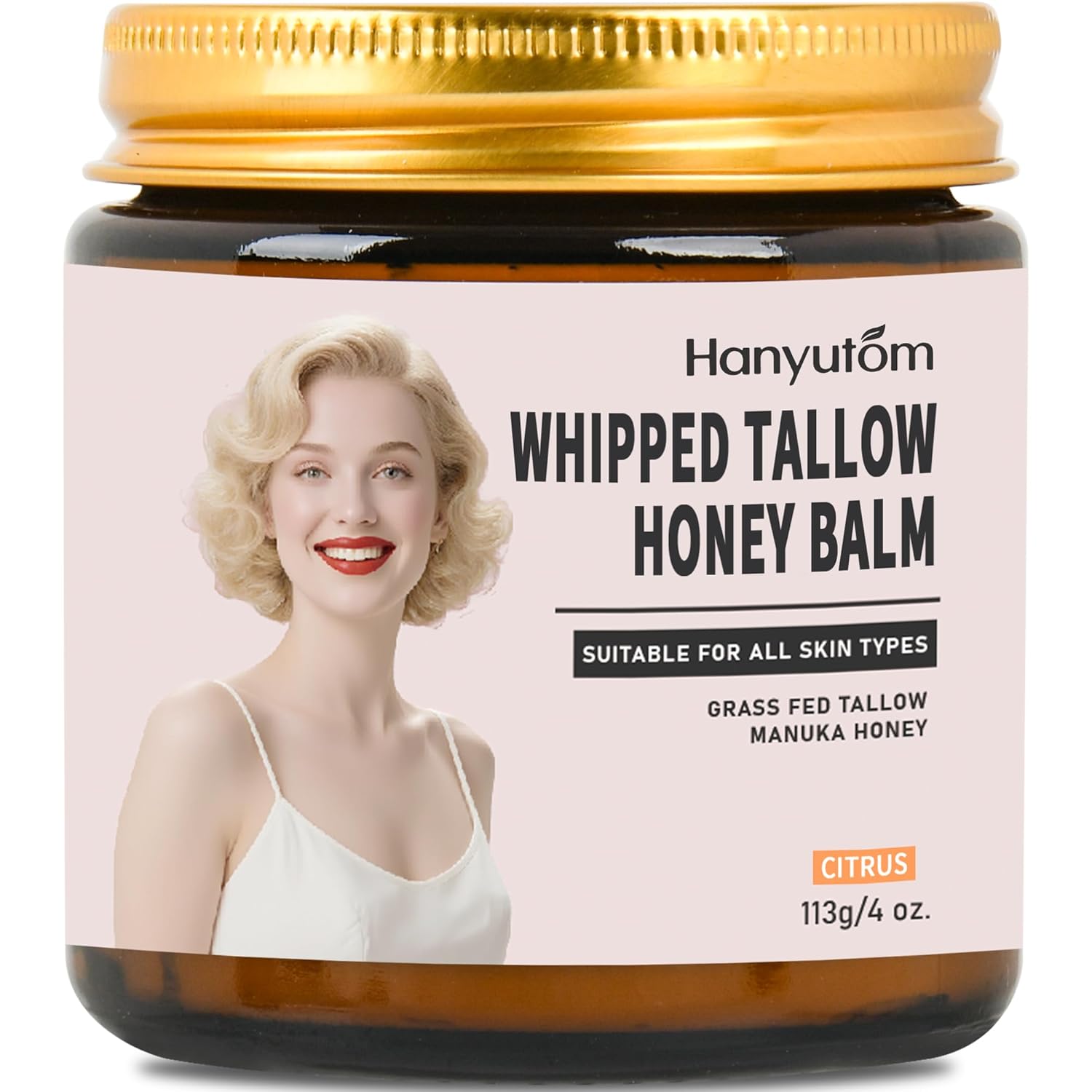 Whipped Tallow Cream for Face & Body - 100% Grass-Fed Beef Tallow, Natural Honey & Beeswax Moisturizer, Deep Hydration & Nourishment, Oil-Free & Unscented, Fast Absorbing-Citrus