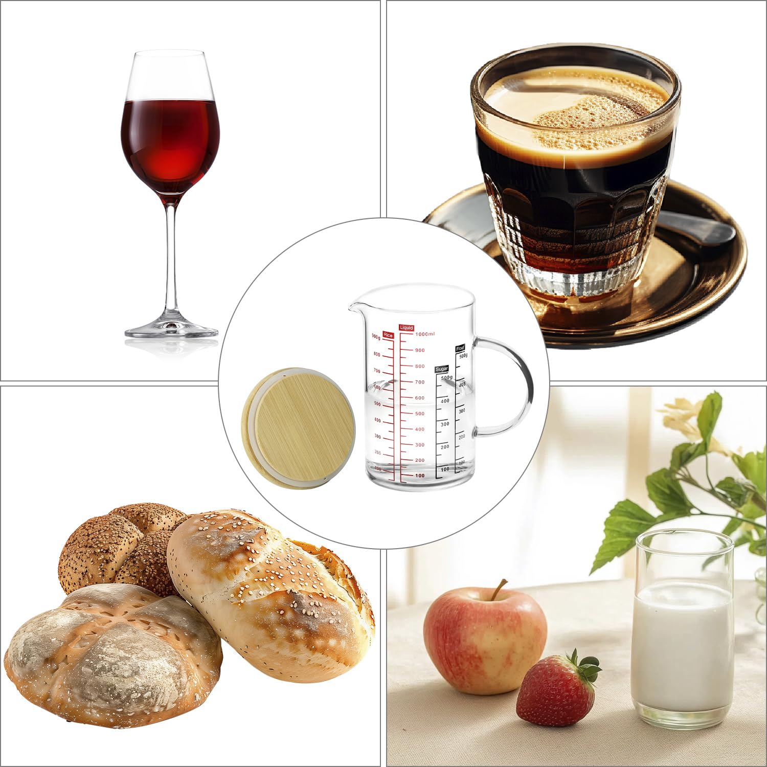 QWORK® Kubek z miarką 1 l, ze szkła borokrzemowego z bambusową pokrywką, wiele podziałek, odporny na wysokie i niskie temperatury, nadaje się do kuchenki mikrofalowej do pieczenia
