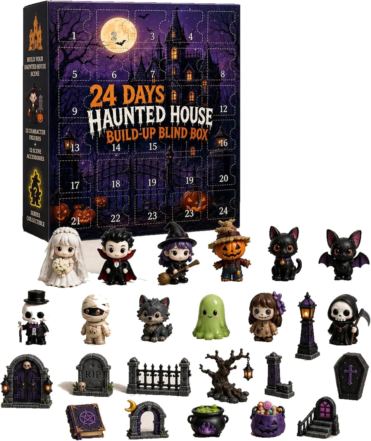 Halloween 24-Day Advent Calendar with Mini Spooky Figurines,#A