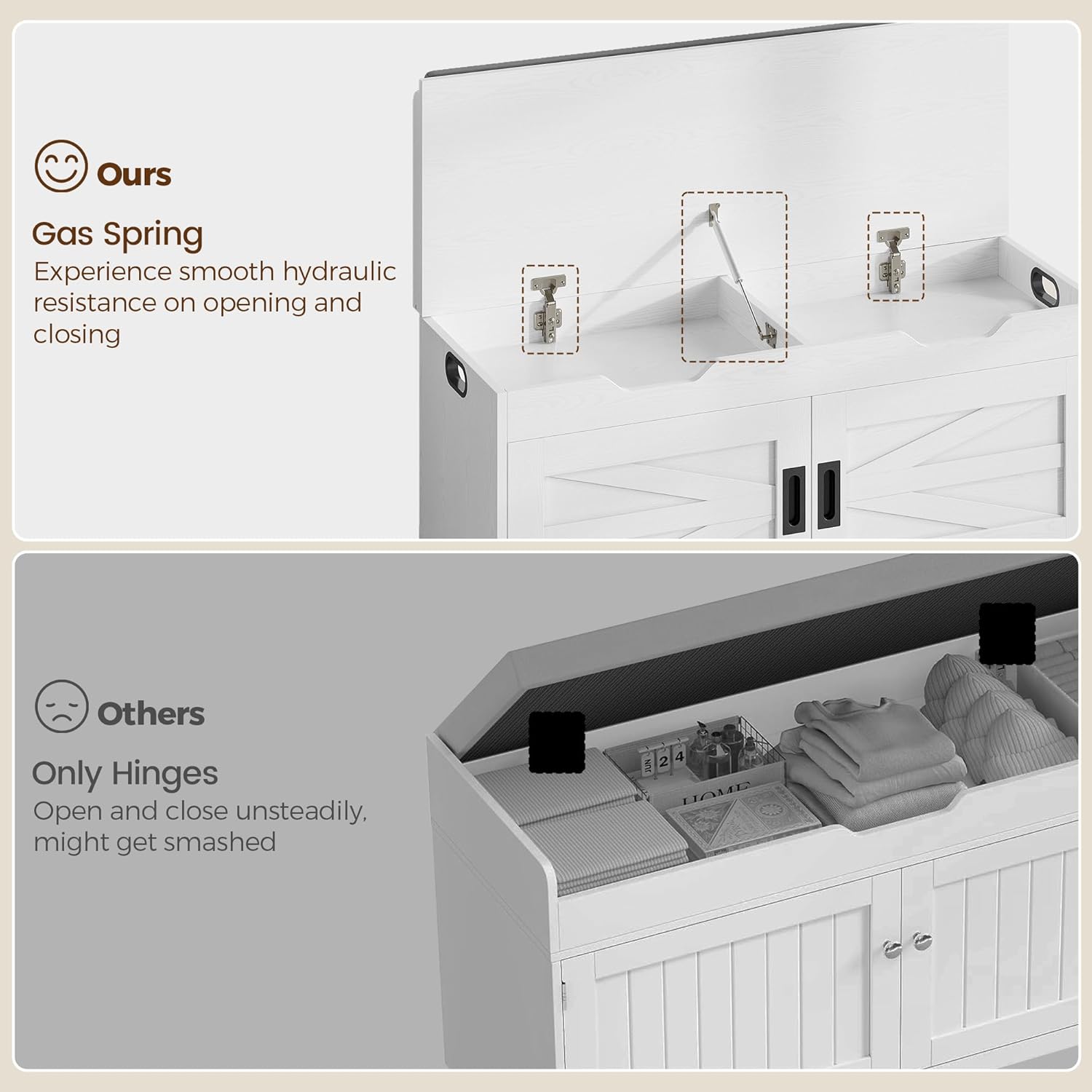 IRONCK Shoe Bench with Lift Top Storage, 42.4" Entryway Bench with Wider Cushioned Seat, End of Bed Bench with Adjustable Shelf & 2 Doors for Hallway, Bedroom, White