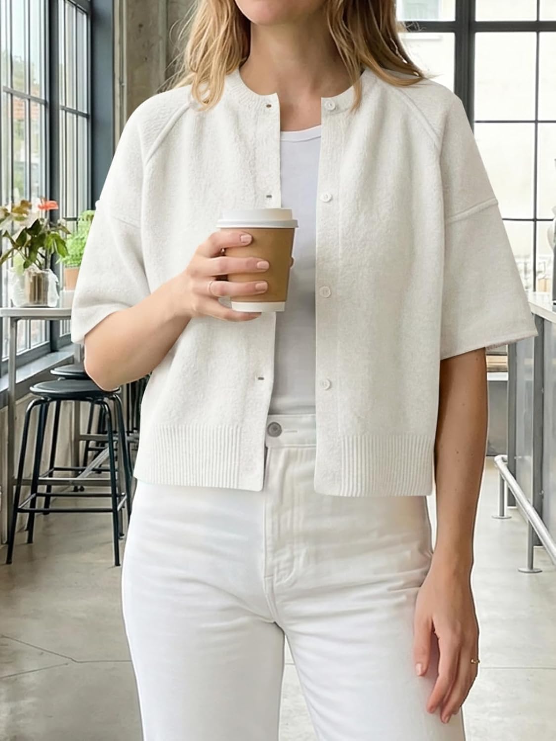 Cicy Bell Womens Short Sleeve Sweater Cardigan Casual Button Down Lightweight Cropped Ribbed Knit Tops