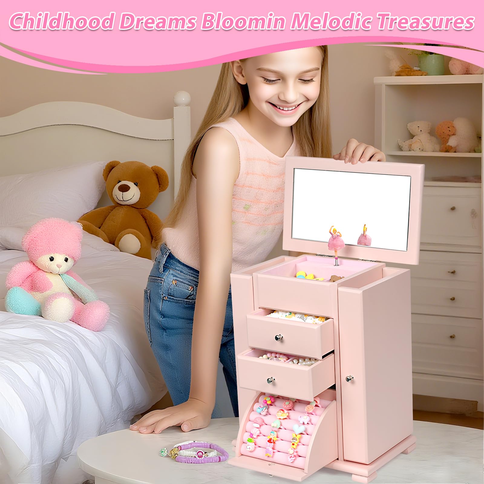 Schmuckschatulle für Mädchen, 4 Ebenen, Musik-Schmuckkästchen für Mädchen, mit Tänzerin, drehbar, große Spieluhr für Kinder, aus Holz, für Kinder, Geburtstag, Geschenk (Rosa)