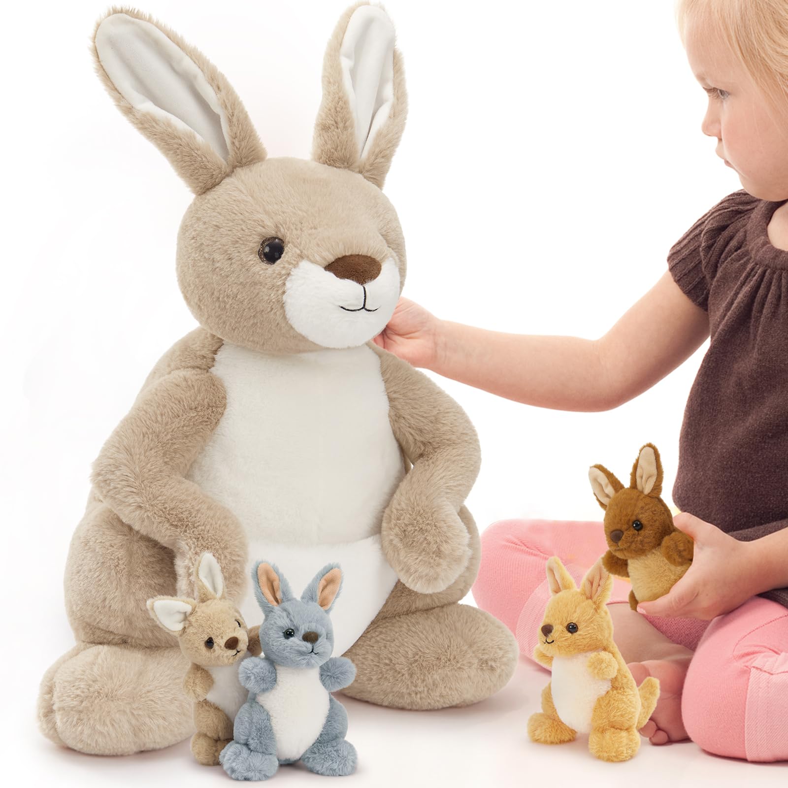 MorisMos Peluche Kangourou avec 4 Bébés 52cm, Famille Kangourou en Peluche, Peluche Maman et Bébés dans Poche, Animal Australien Doux, Cadeau Enfant, Cadeau Naissance, Décoration Chambre
