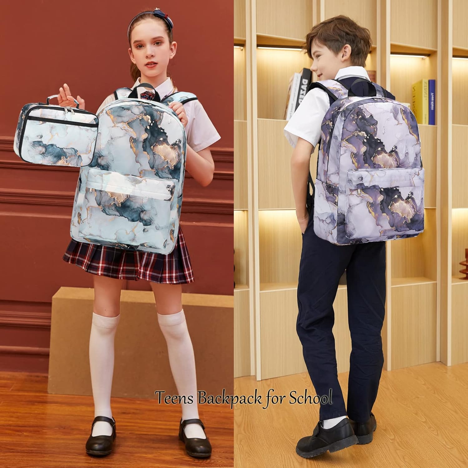 JIANYA Backpack for Girls, Marble Girls Backpack with Lunch Box Kids School Bag Travel Back Packs - Image 2