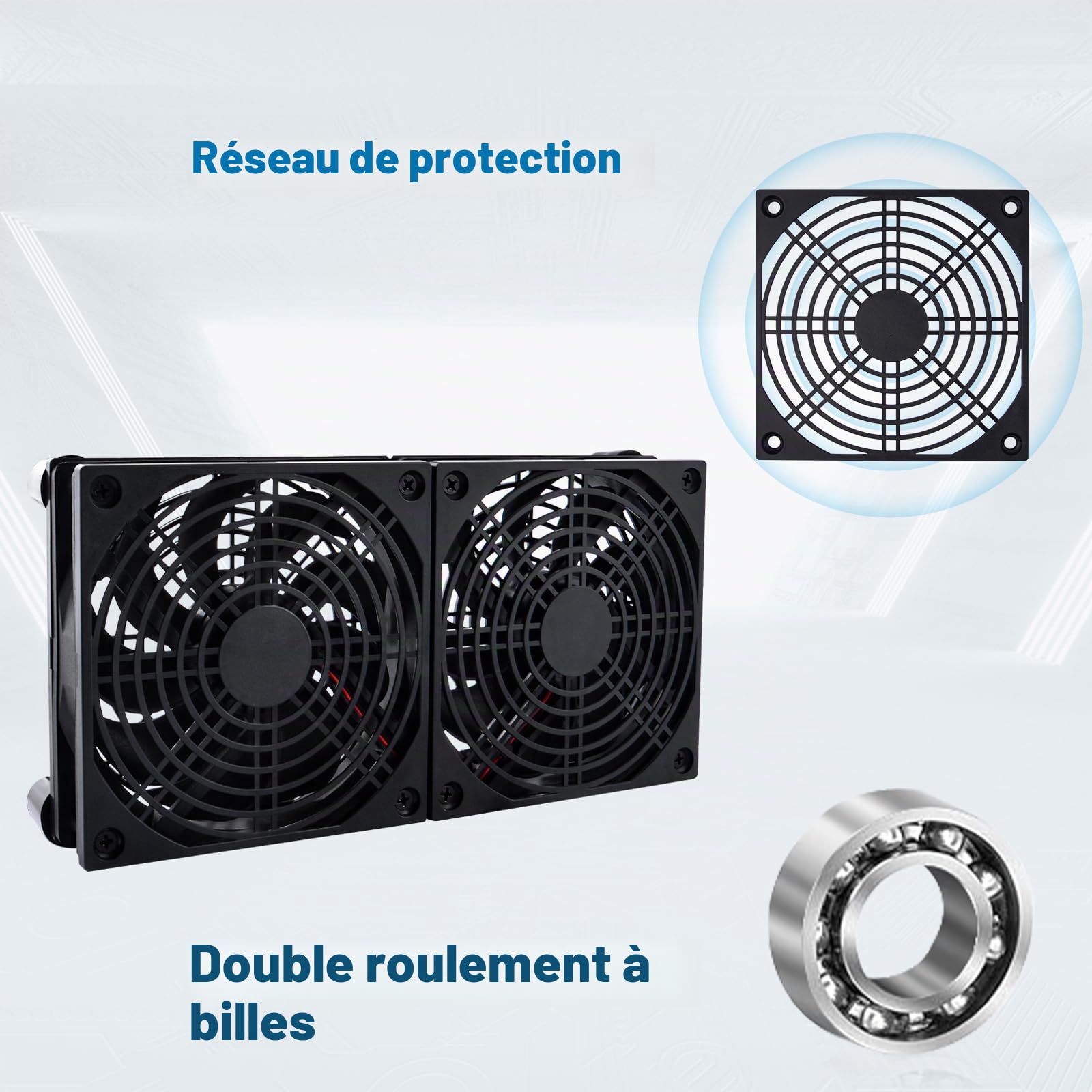 Ventilateur silencieux 2 en 1 - Double USB - 120 mm - Double roulement à billes - 5 V - 3 vitesses réglables L/M/H - Câble 190 cm