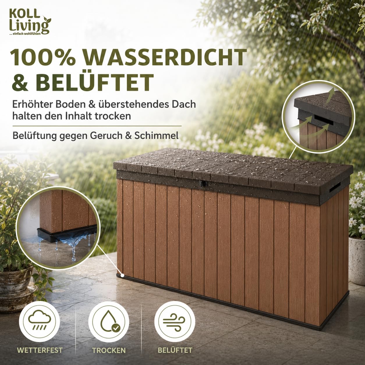 Koll Living Auflagenbox/Kissenbox Darwin l 100% Wasserdicht l mit Belüftung dadurch kein übler Geruch/Schimmel l Moderne Holzoptik l Deckel belastbar bis 300 KG (2 Personen) (Braun, 570 Liter)