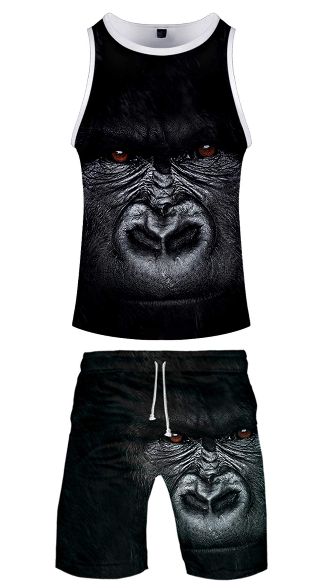 Novelty Gorilla Vest & Shorts Set Summer Men Tank Tops Boardshorts Apes Shirts Animial Print Boardshorts