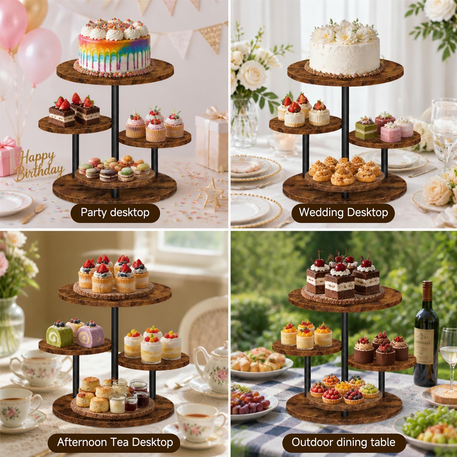 4-Etagen Kuchenständer aus Holz, 360° Tortenplatte Drehbar für Cupcakes, Donuts & Desserts,Kekse, Süßigkeiten, Tortenständer Ø 30cm/32cm für Hochzeit, Geburtstag & Mottoparty