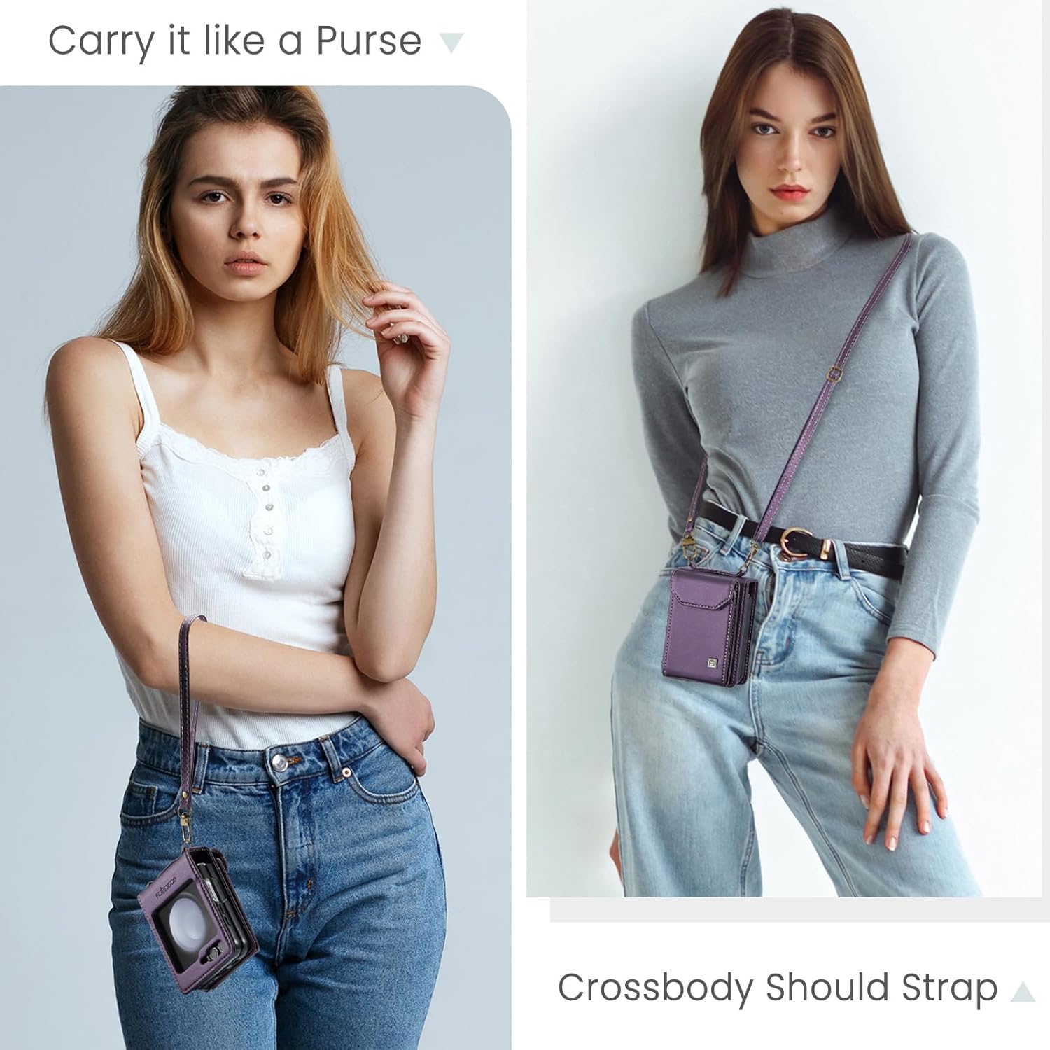 ASAPDOS Crossbody Case Compatible with Samsung Galaxy Z Flip 5 2023,Retro PU Leather Strap Wristlet Flip Case with Magnetic Closure and Card Holder for Men Women Purple