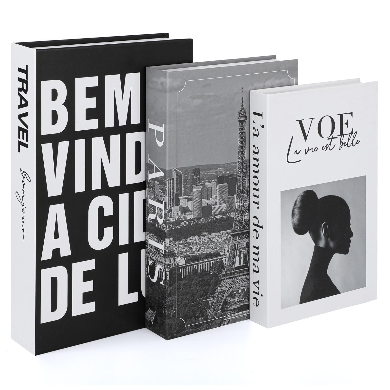 DKOTON 3 Pack Decorative Books, Faux Book Storage Box - Black, White, Grey