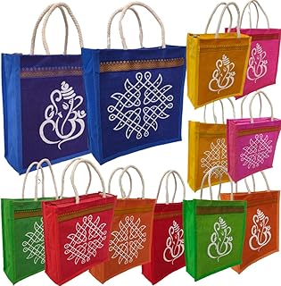 Maru Ecobags Ganesh & Kolam Jute Bags with Zip – Multicolor Wedding Return Gift Bags (Pack of 25, Medium Size 10x11x4 inc... Price In India