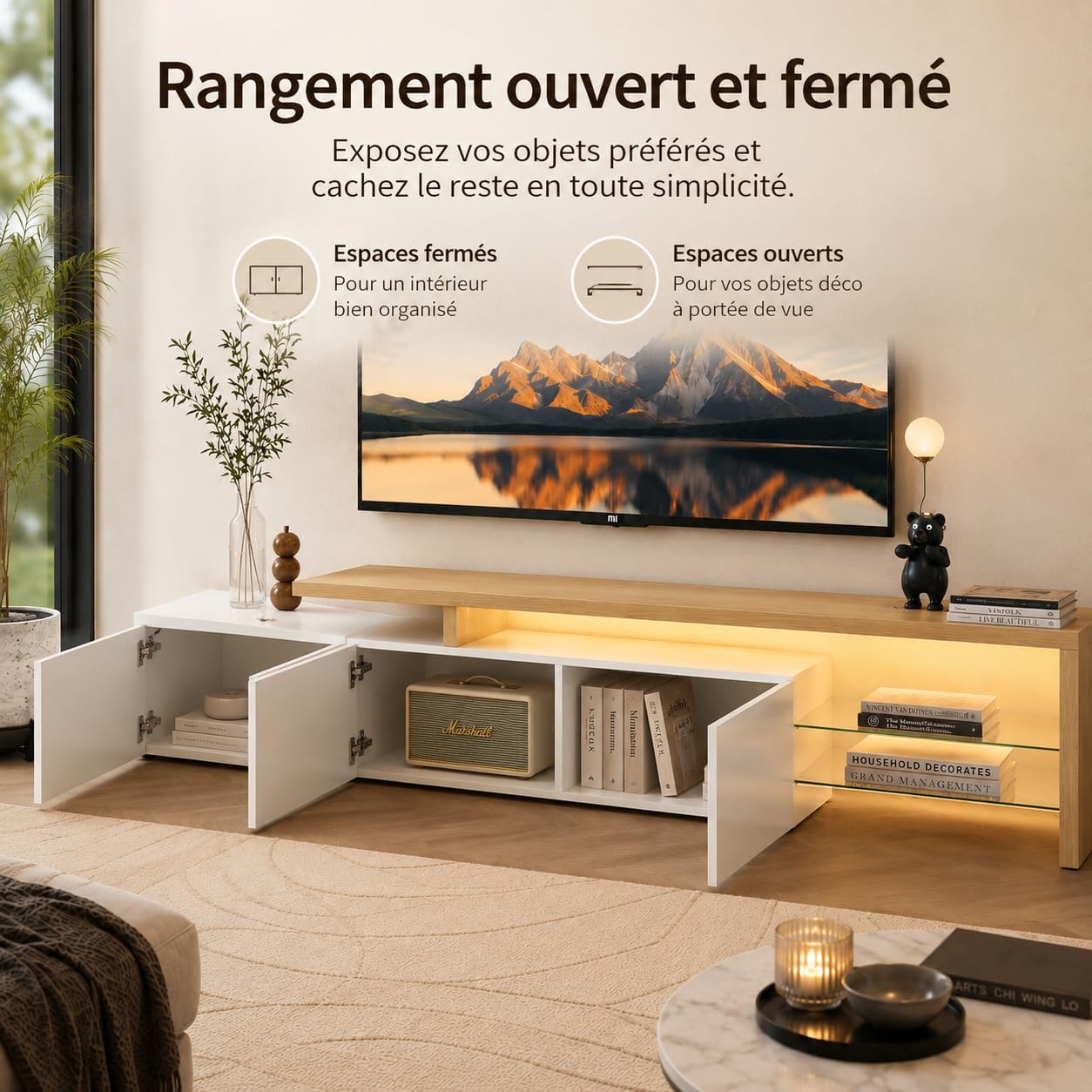 Mueble de TV moderno con luces LED variables, mueble de TV con 3 puertas y estantes de cristal, marco de madera, mesa de TV para salón (blanco, 200 x 39 x 42)