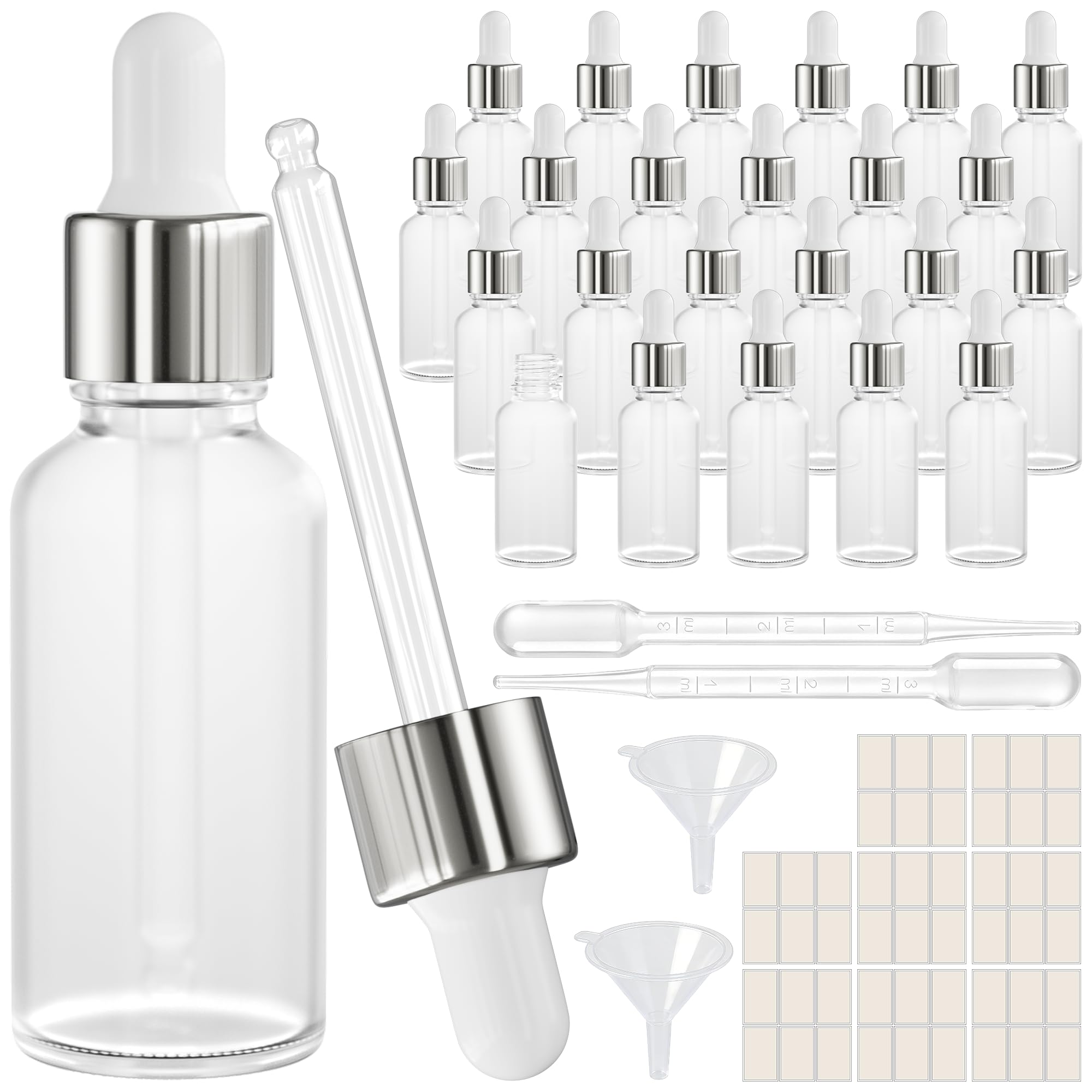 PrettyCare Glass Eye Dropper Bottles 24 Pack, 1oz (30ml) Frosted Empty Thick Bottles Bulk with Leakproof Silver Caps - With Labels &amp; Funnels for Storage, Travel, Essential Oils, Cuticle, Tinctures