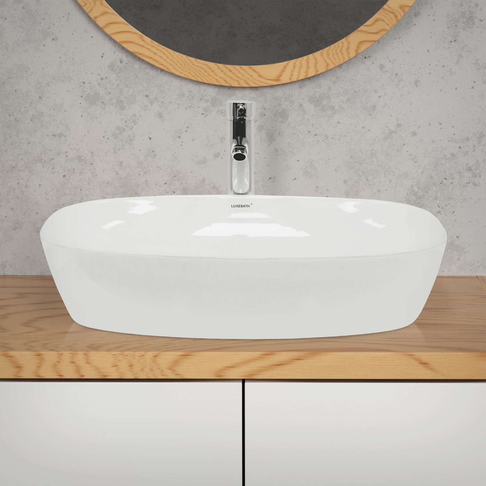 LuxeBath Waschbecken Keramik 605 x 380 x 140 mm oval, Weiß glänzend, Aufsatzwaschbecken für Badezimmer und Gäste-WC, Aufsatzbecken im modernen Design, Waschtisch Waschschale Waschplatz Handwaschbecken