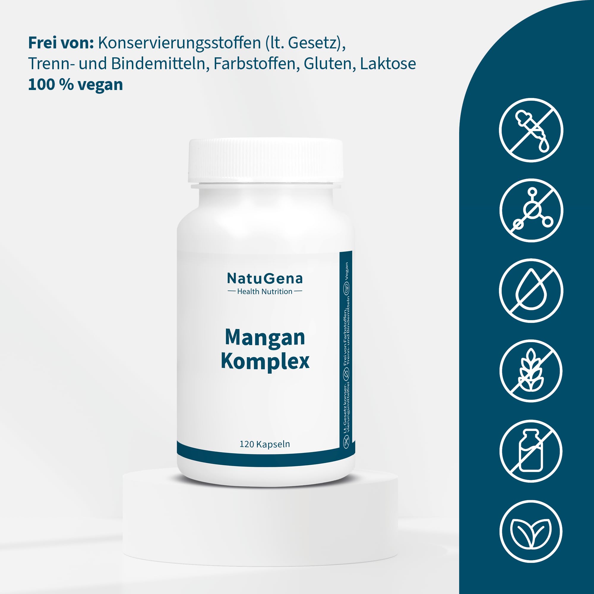 NatuGena Mangan-Komplex, Gluconat, Bisglycinat, Citrat, trägt zu einem gesunden Energiestoffwechsel bei, 120 Kapseln (120 Tage Packung)