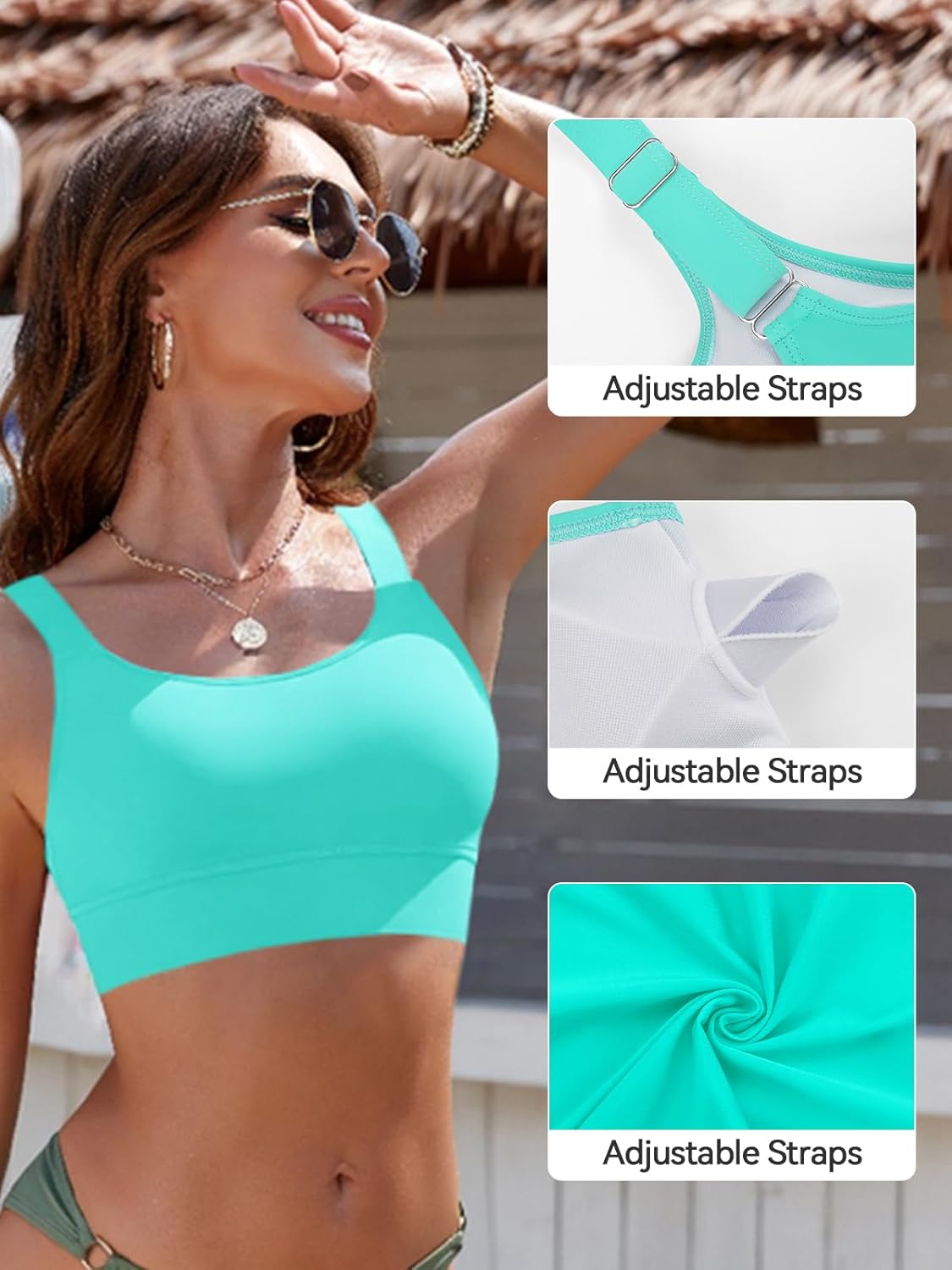 SHEKINI Women Sports Bra Scoop Neck U-Back Bikini Top - Adjustable Straps Crop Bathing Suit with Snug Elastic Band - Image 3