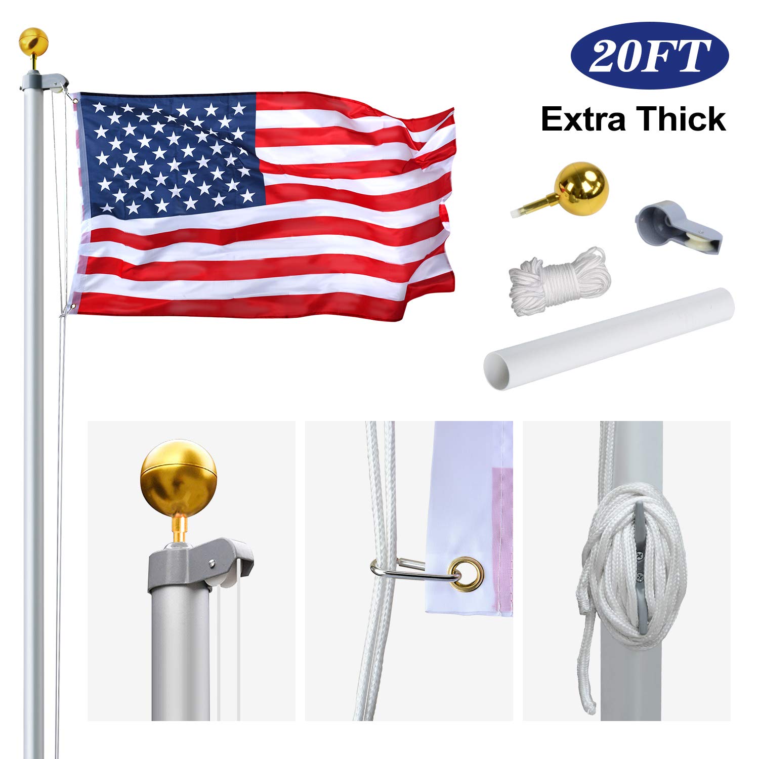 AkTop 20FT Sectional Flag Poles Kit, Portable Extra Thick Aluminum In Ground American Flag Pole