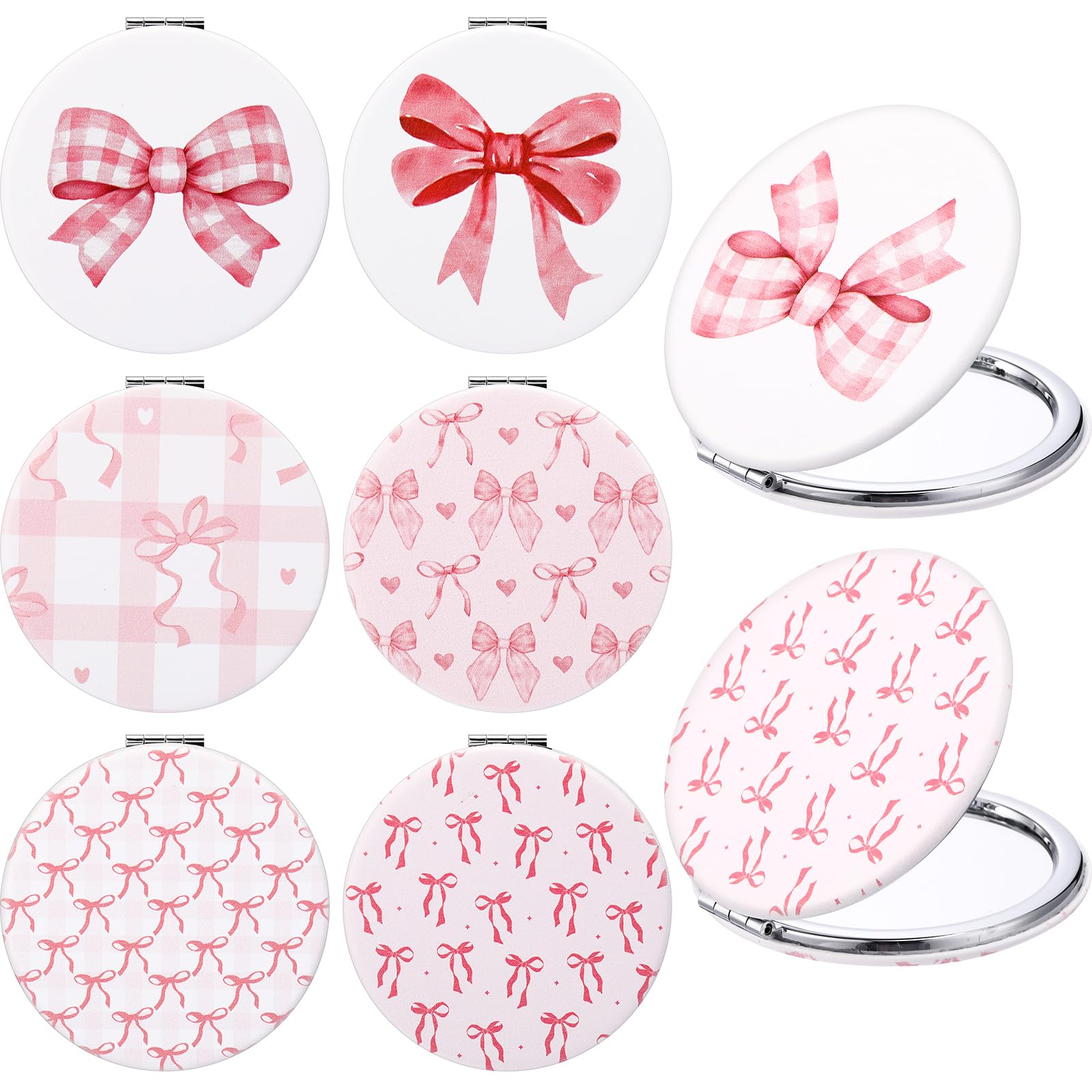 Geelin 6 Pcs Coquette Pink Bow Compact Mirror Bulk for Purse Small Pocket 1X/2X Magnifying Portable Makeup Double Sided Travel Mirror Aesthetic Preppy