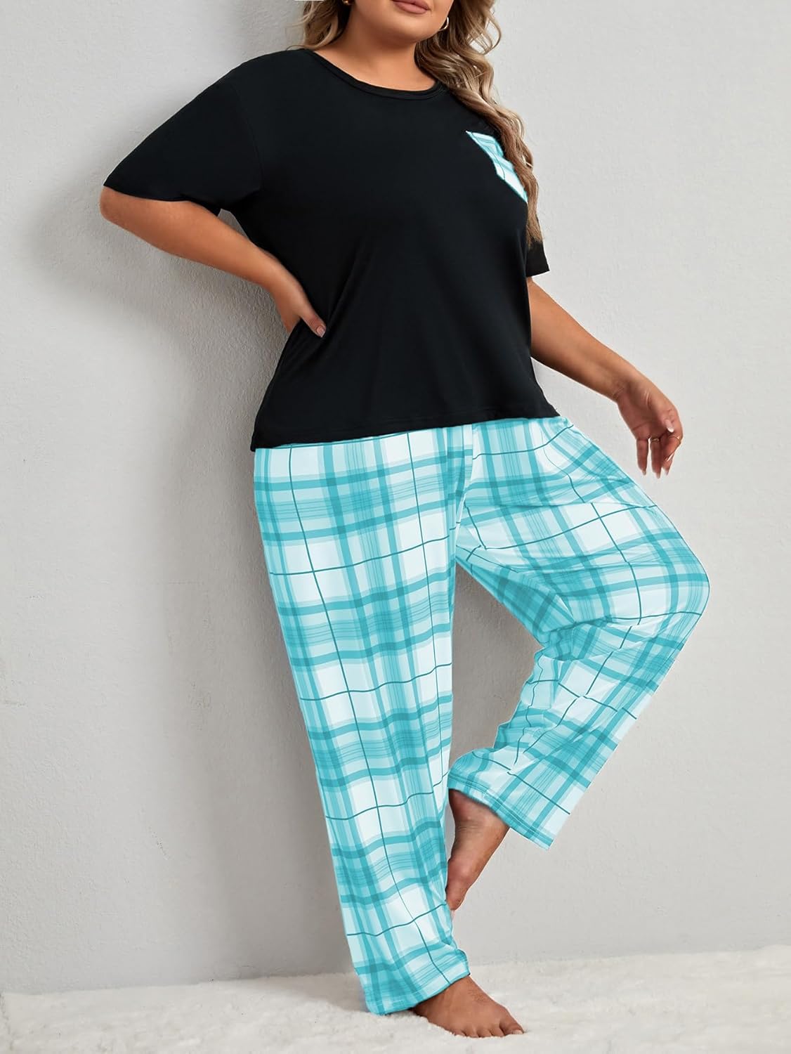 OYOANGLE Women's Plus Size 2 Piece Pajama Set Short Sleeve Shirt with Long Pajama Pant - Image 3