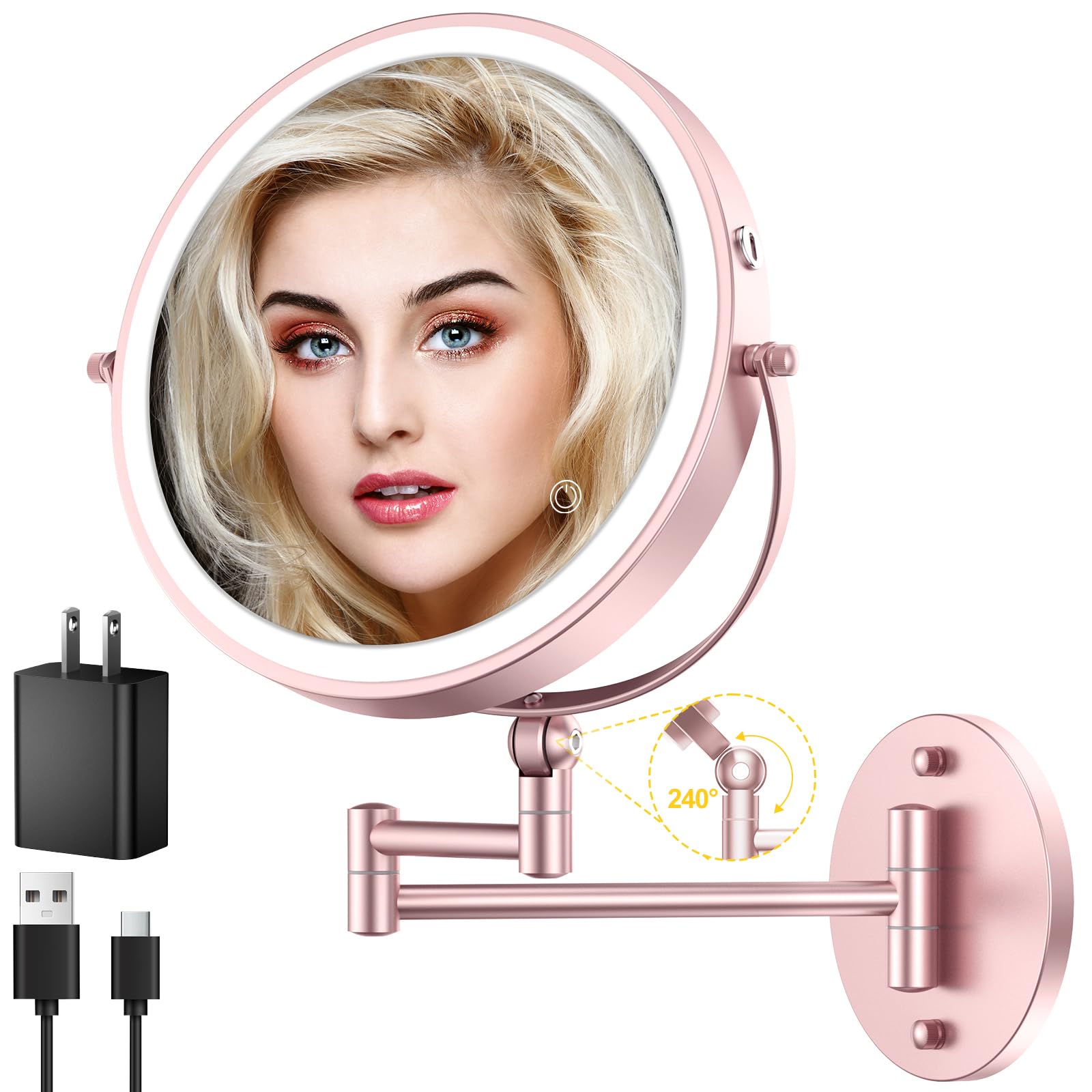 9" Wall Mounted Lighted Makeup Mirror,4000mAh Rechargeable Double Sided 1X/10X Magnifying Mirror with Light,Touch Dimmable,Extended Arm 360 Rotation Wall Mounted Makeup Mirror 3 Color Lights Gold