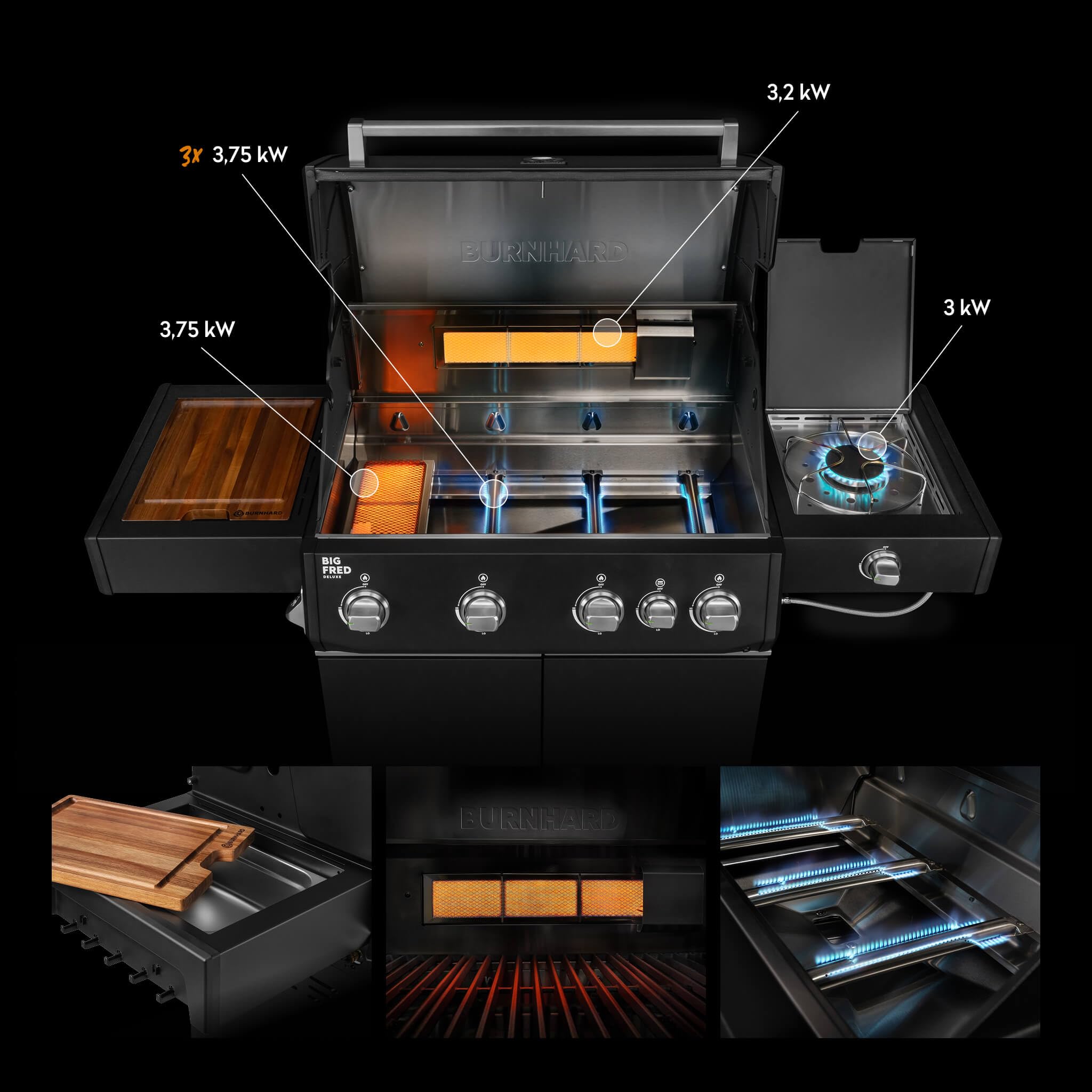 BURNHARD® Gasgrill 4-Brenner, 21,2 kW Gesamtleistung, Infrarot-Keramikbrenner, Seitenkochfeld, Edelstahl, Gussrost, große Grillfläche, Piezo-Zündung – Big FRED Deluxe
