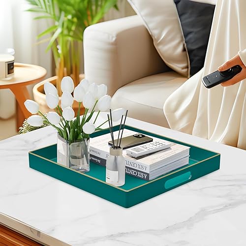 Miniatura 64 de MAONAME Bandeja decorativa, bandeja negra con asas, bandejas de mesa auxiliar, bandejas cuadradas de plástico para otomana, baño, cocina, 13 x 13 x