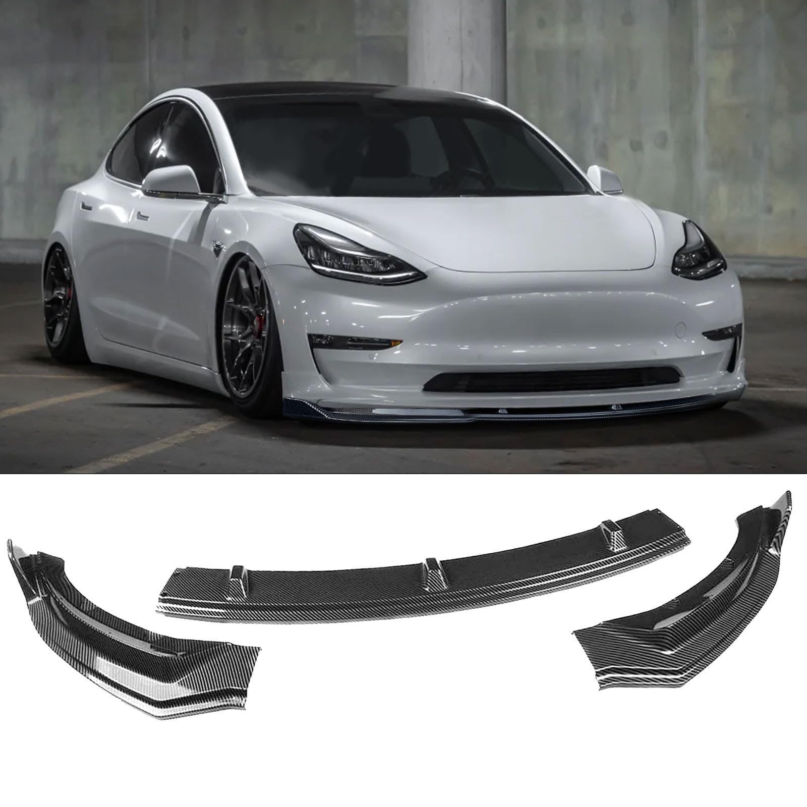 PACEWALKER for Tesla Model 3 Front Bumper Lip Kit Car Glossy Mods Spoilers fit for 2017-2023 Tesla Model 3 Accessories (Glossy Carbon Fiber Pattern)